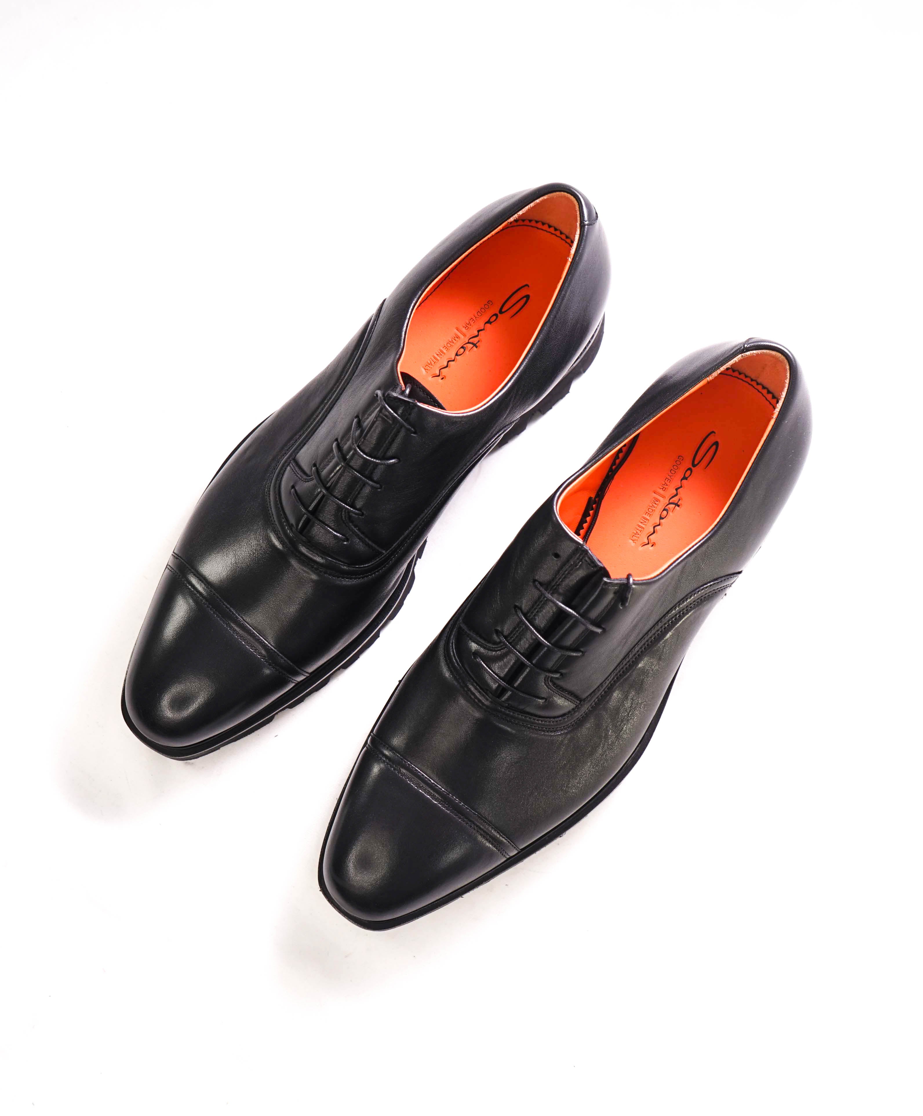 $1,250 SANTONI - Black Lug Sole Oxfords With Cap Toe - 12 US (11 UK)