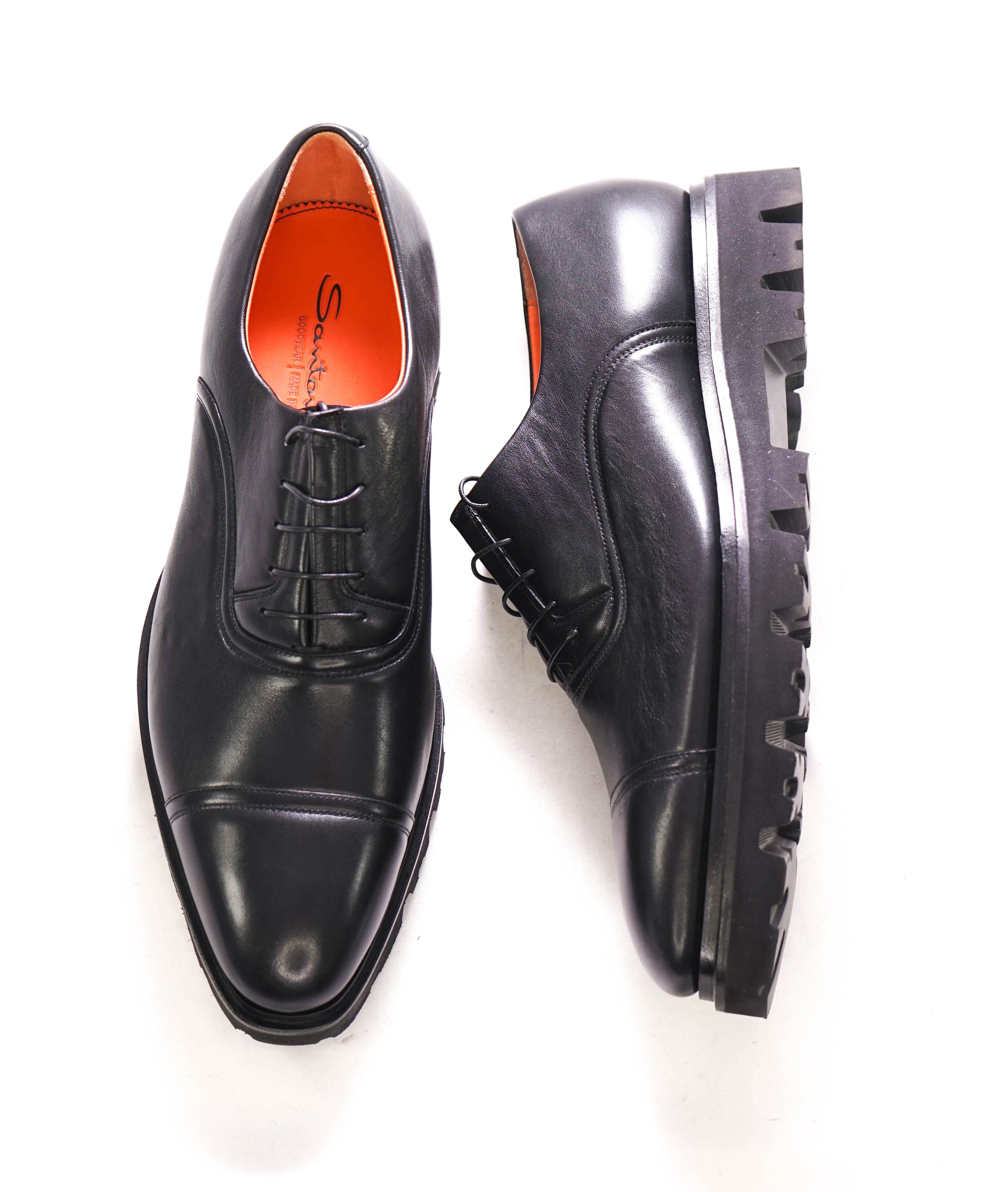 $1,250 SANTONI - Black Lug Sole Oxfords With Cap Toe - 12 US (11 UK)