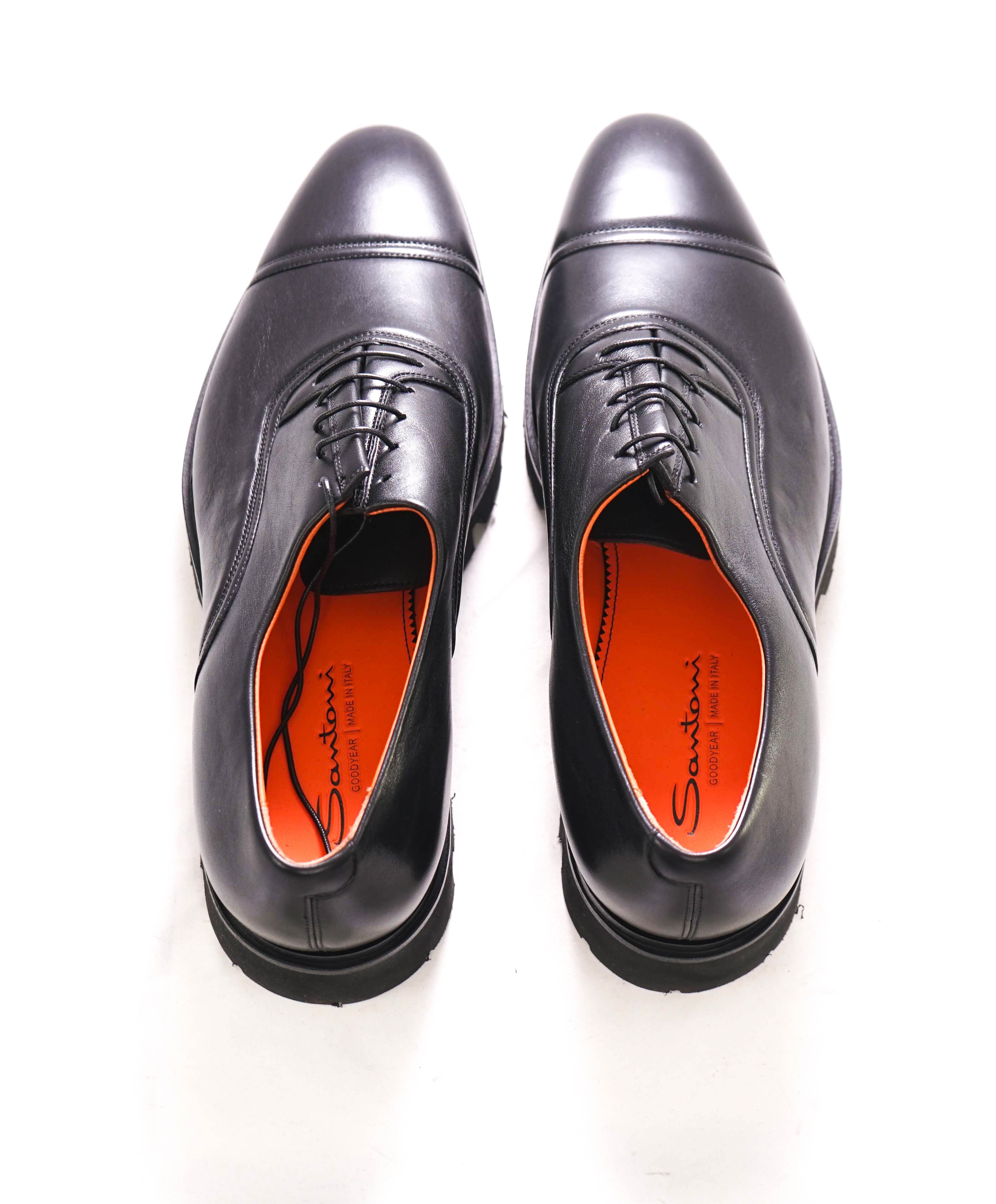 $1,250 SANTONI - Black Lug Sole Oxfords With Cap Toe - 12 US (11 UK)