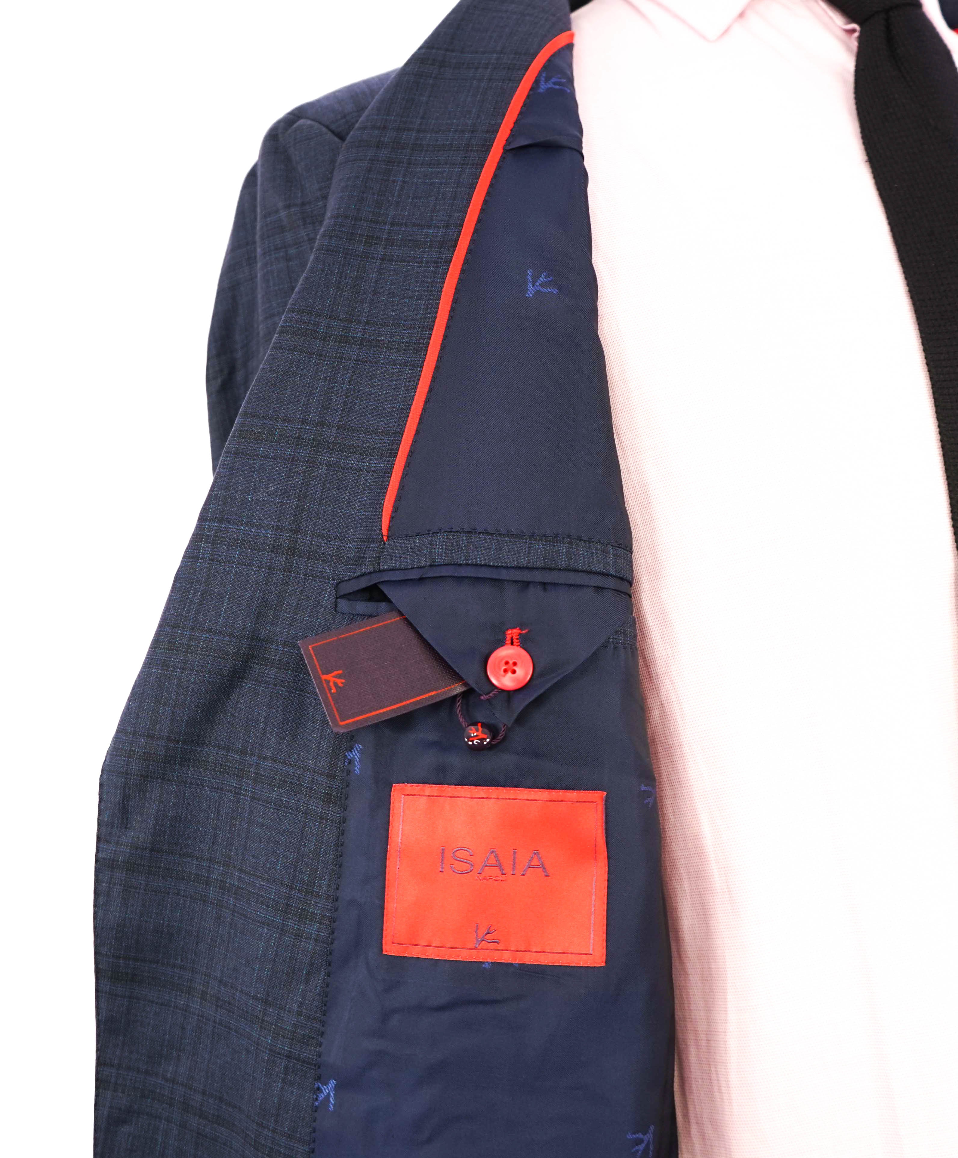 $4,295 ISAIA - Blue Check Plaid *BASE SANITA* Coral Pin Suit - 42L