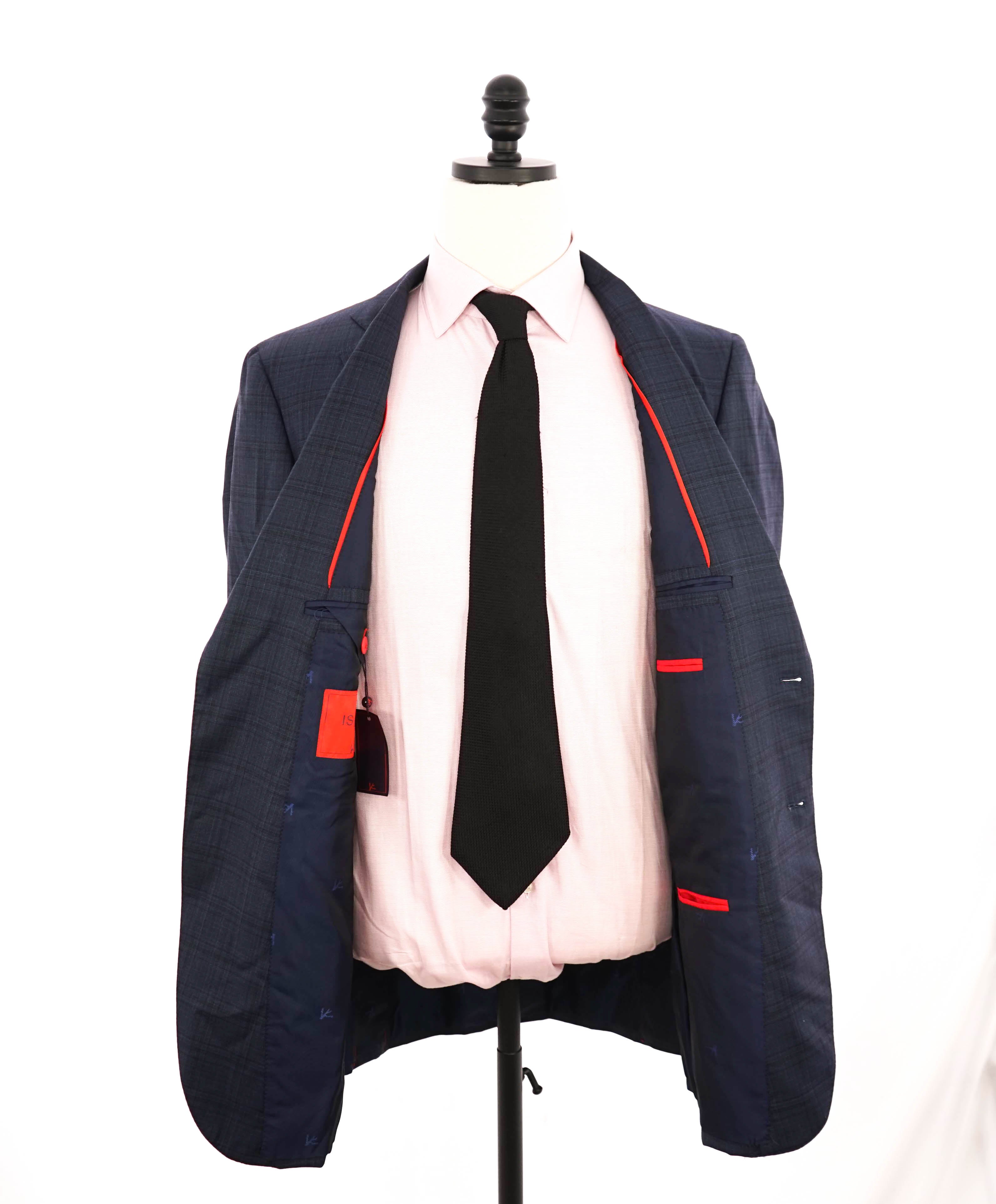 $4,295 ISAIA - Blue Check Plaid *BASE SANITA* Coral Pin Suit - 42L