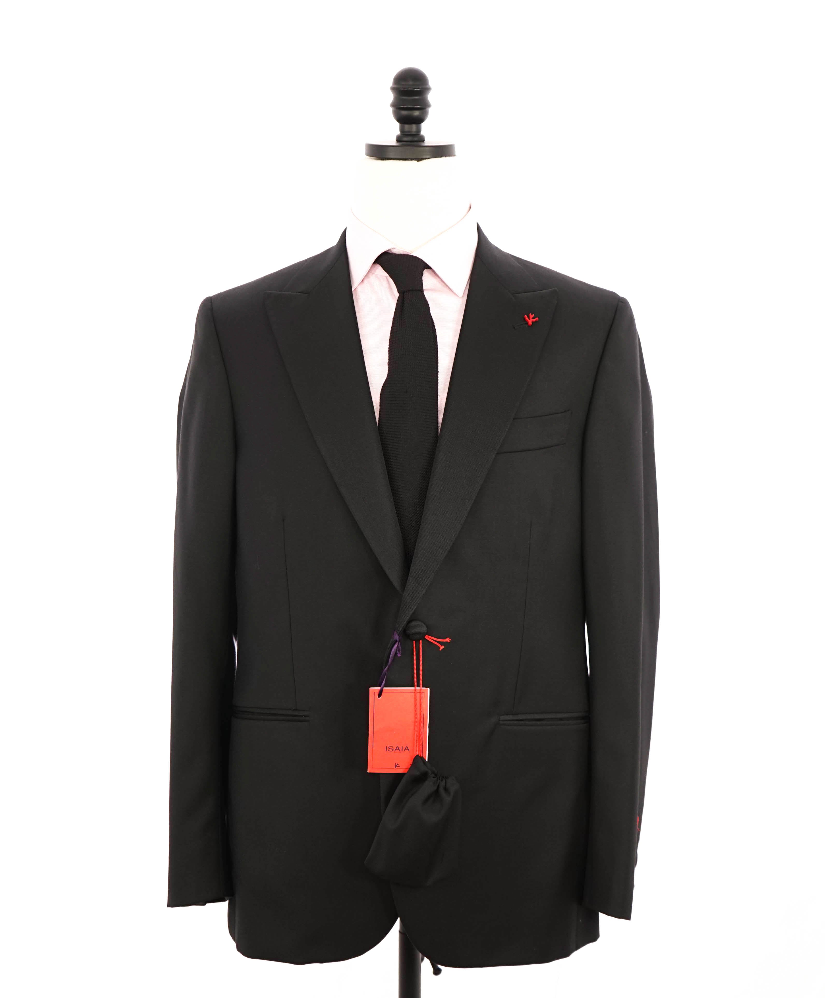 $4,595 ISAIA - "AQUASPIDER" Satin PEAK LAPEL Black Wool Tuxedo - 42L