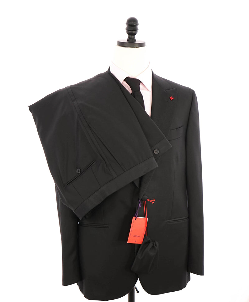 $4,595 ISAIA - "AQUASPIDER" Satin PEAK LAPEL Black Wool Tuxedo - 46R