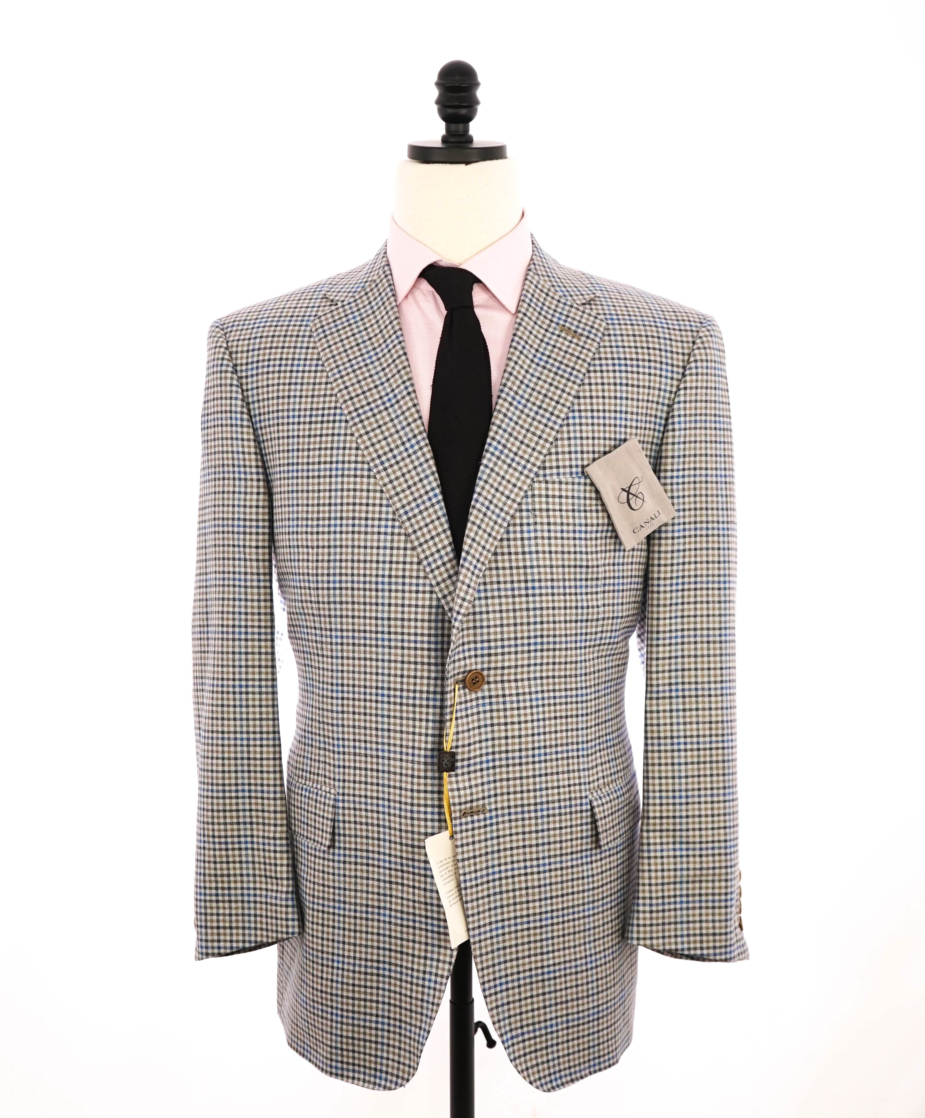 $1,895 CANALI - Tan Blue Gingham Check Lapel Blazer - 46R