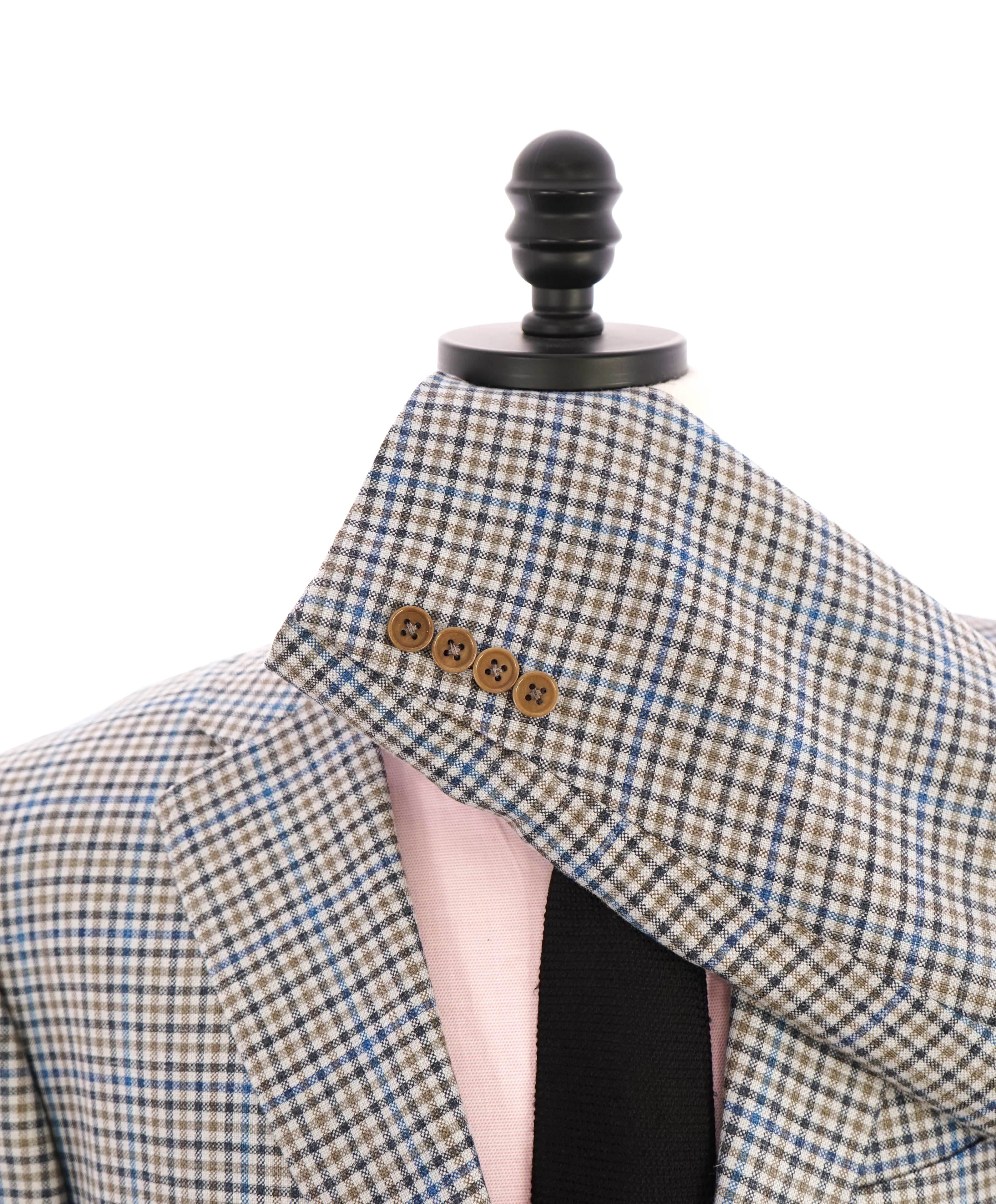 $1,895 CANALI - Tan Blue Gingham Check Lapel Blazer - 46R