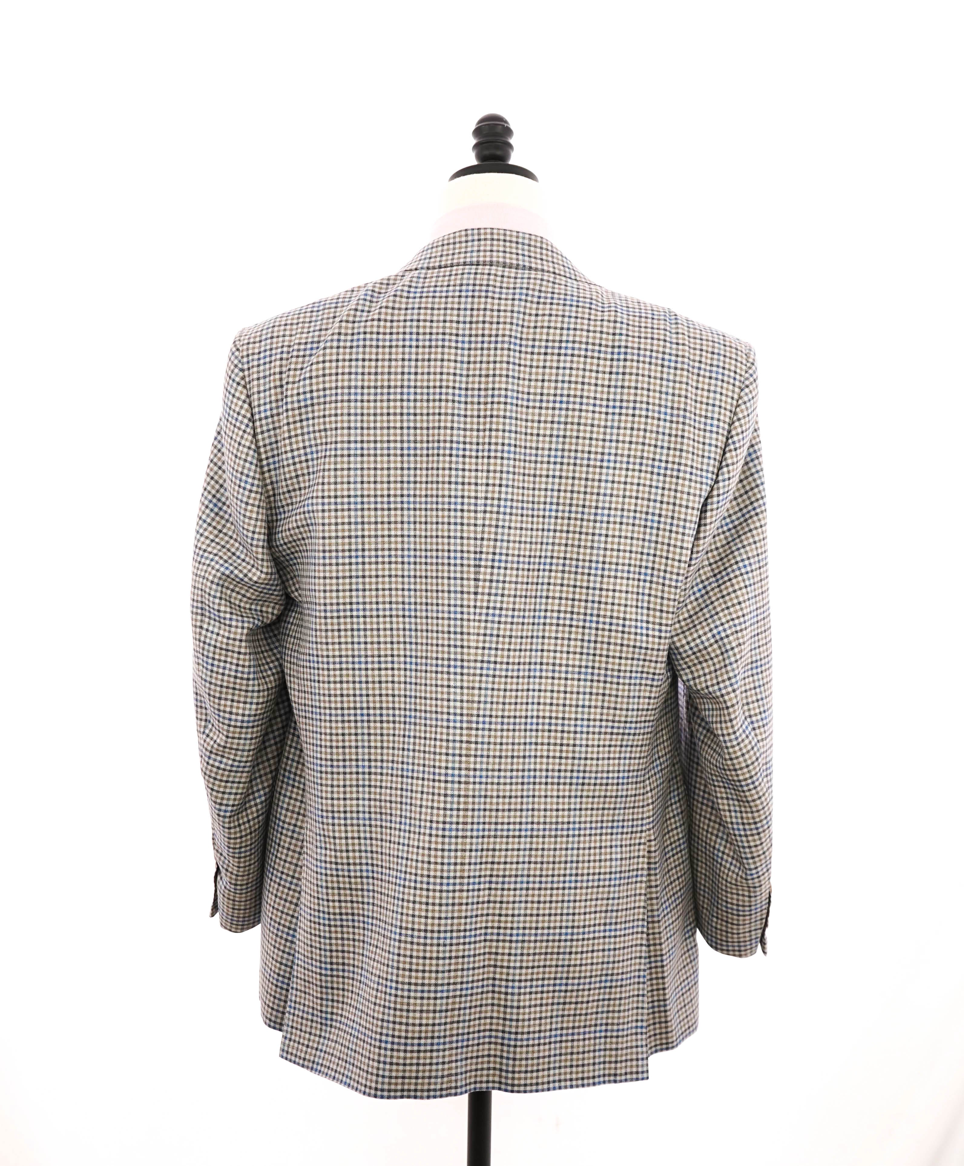 $1,895 CANALI - Tan Blue Gingham Check Lapel Blazer - 46R