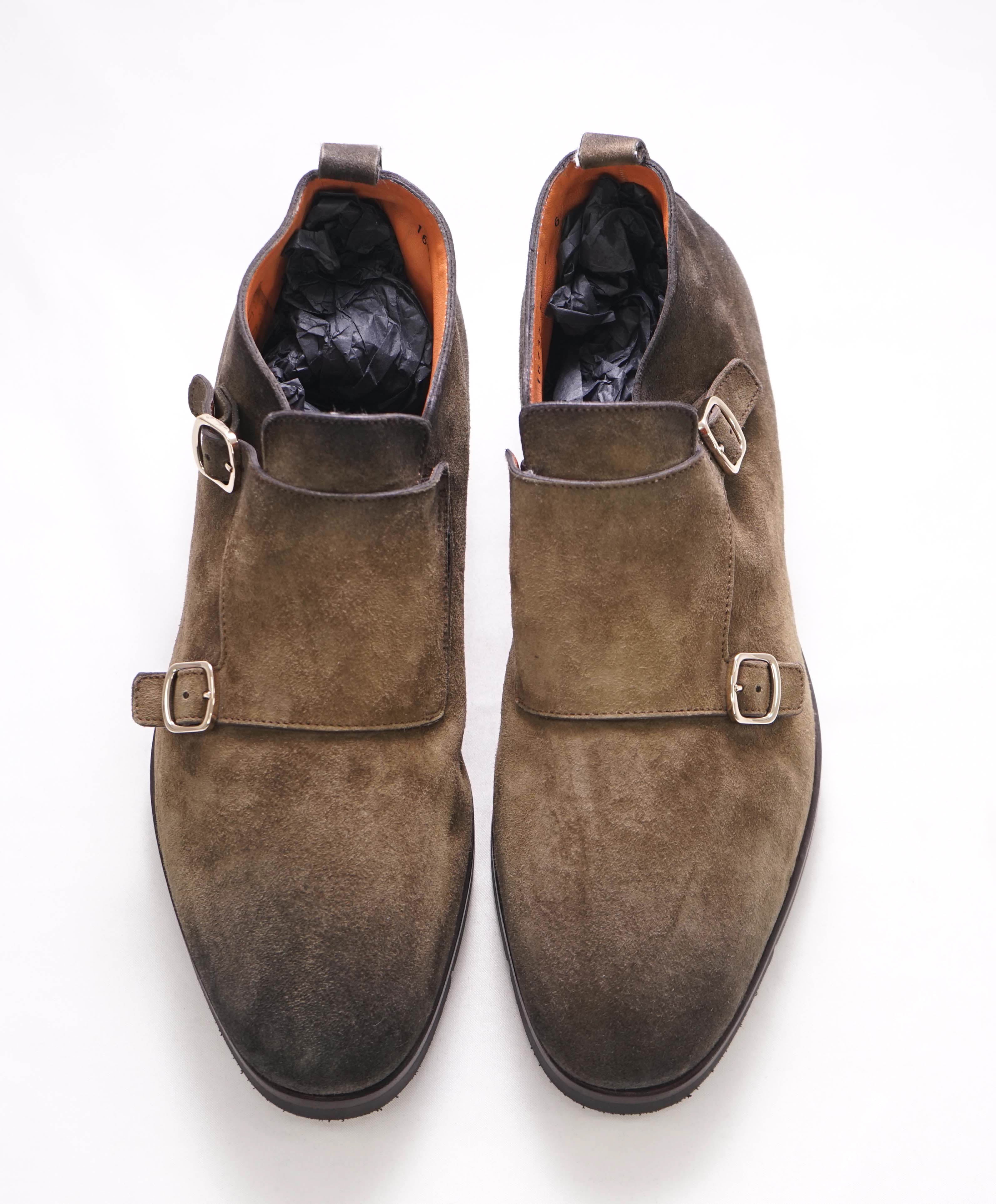 $850 SANTONI - Brown Distressed Suede Double Monk Boots - 7 US