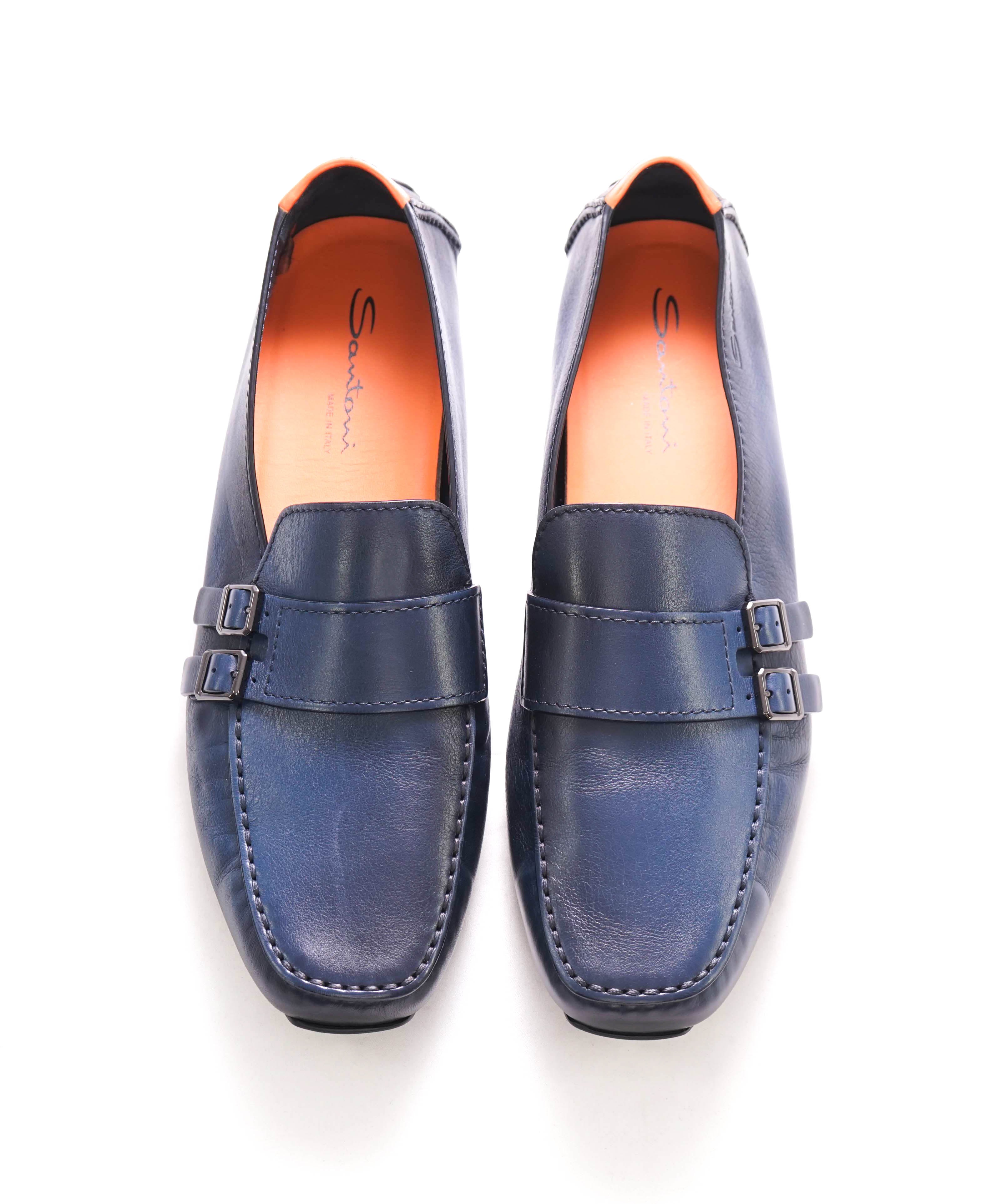 $750 SANTONI - Blue Leather DOUBLE MONK Soft Slip-On Loafers - 12 D US