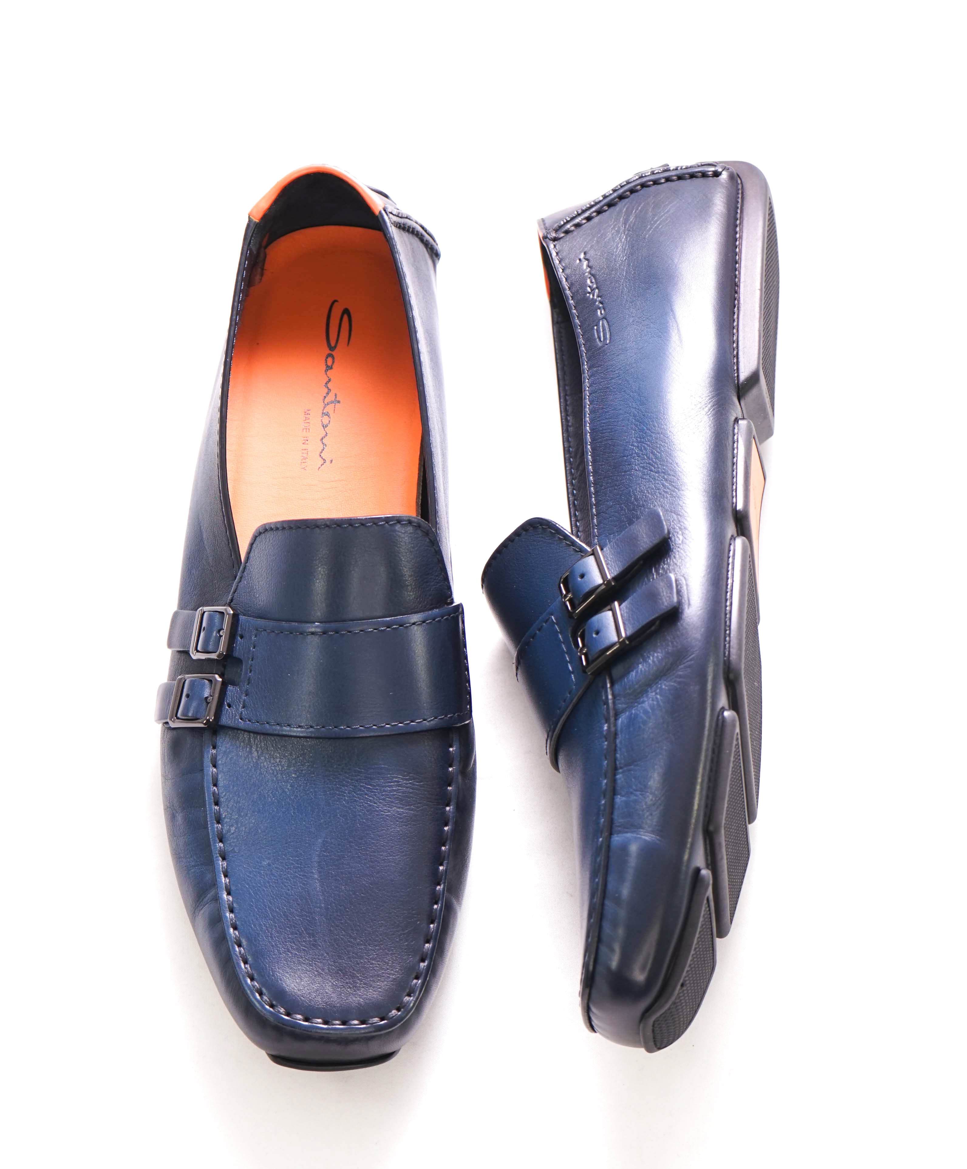 $750 SANTONI - Blue Leather DOUBLE MONK Soft Slip-On Loafers - 12 D US