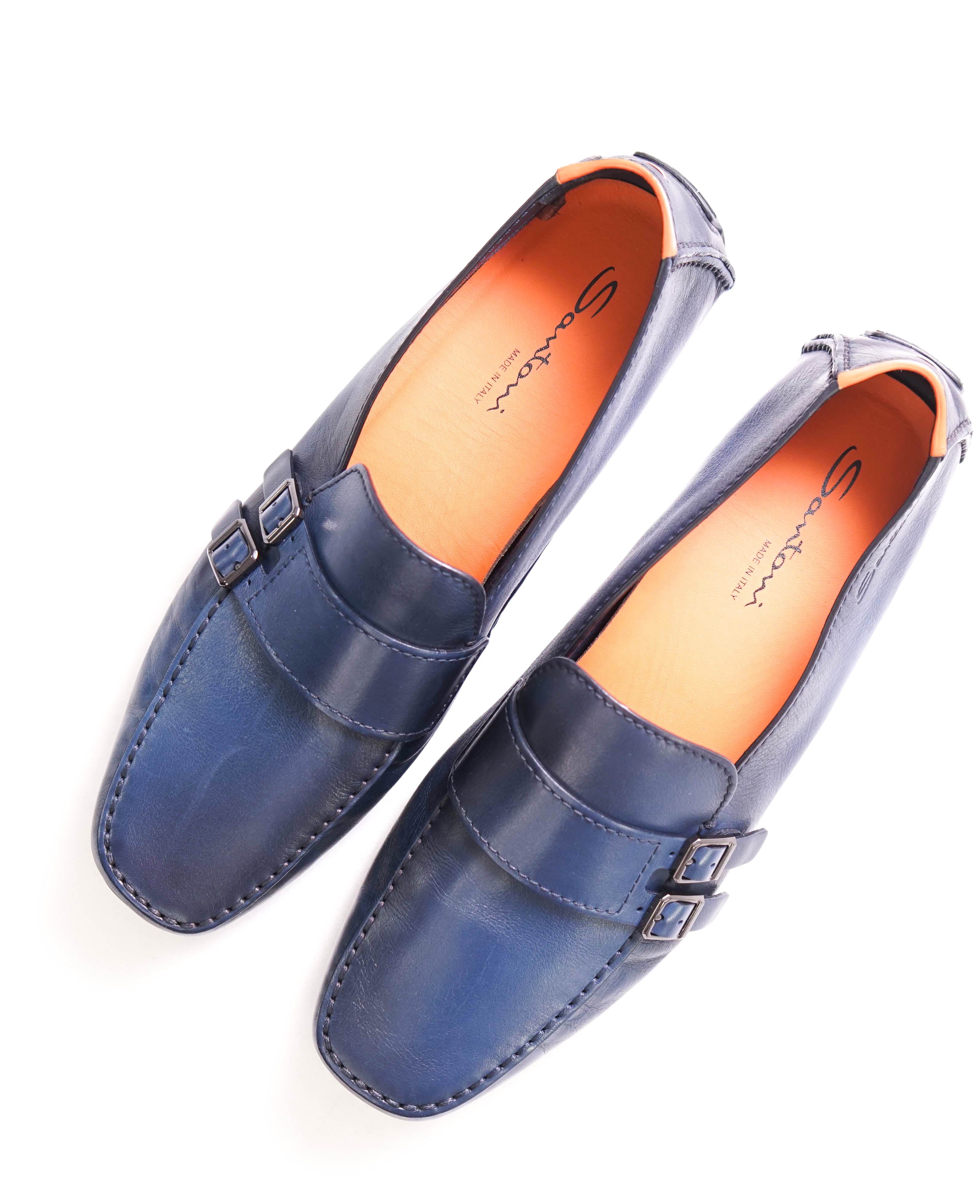 $750 SANTONI - Blue Leather DOUBLE MONK Soft Slip-On Loafers - 12 D US