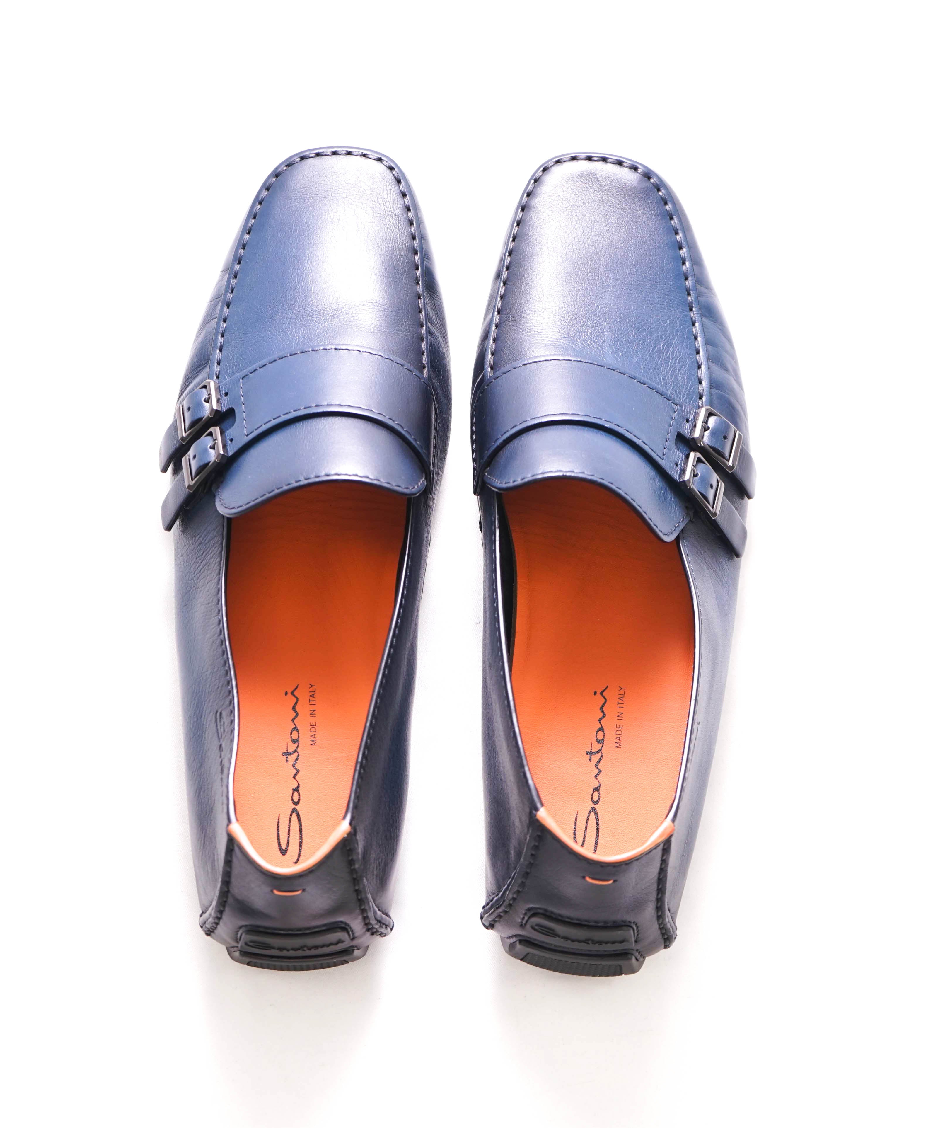 $750 SANTONI - Blue Leather DOUBLE MONK Soft Slip-On Loafers - 12 D US