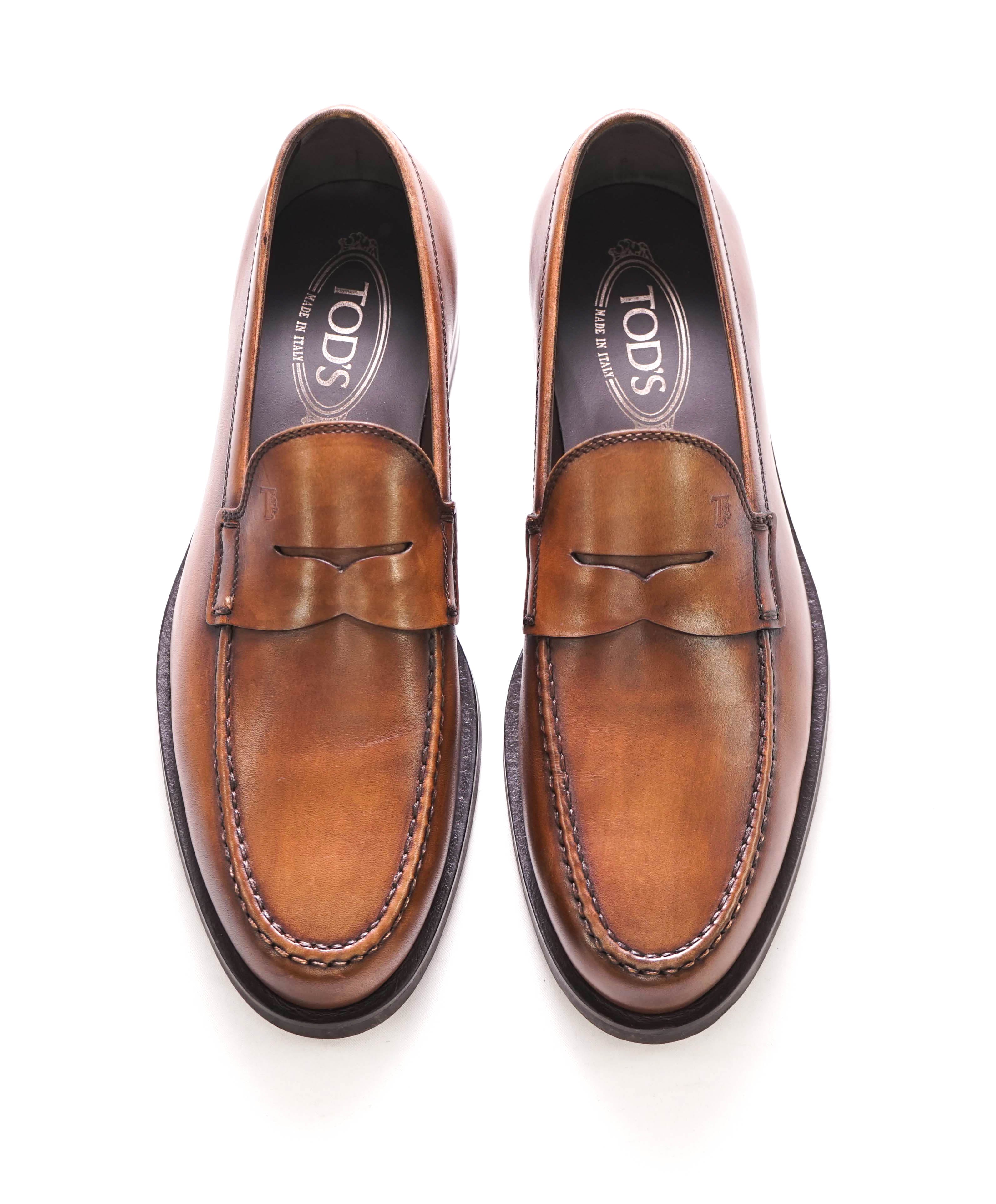 TOD’S - “Boston” Brown Patina Logo Embossed Vamp Penny Loafers - 8.5 US