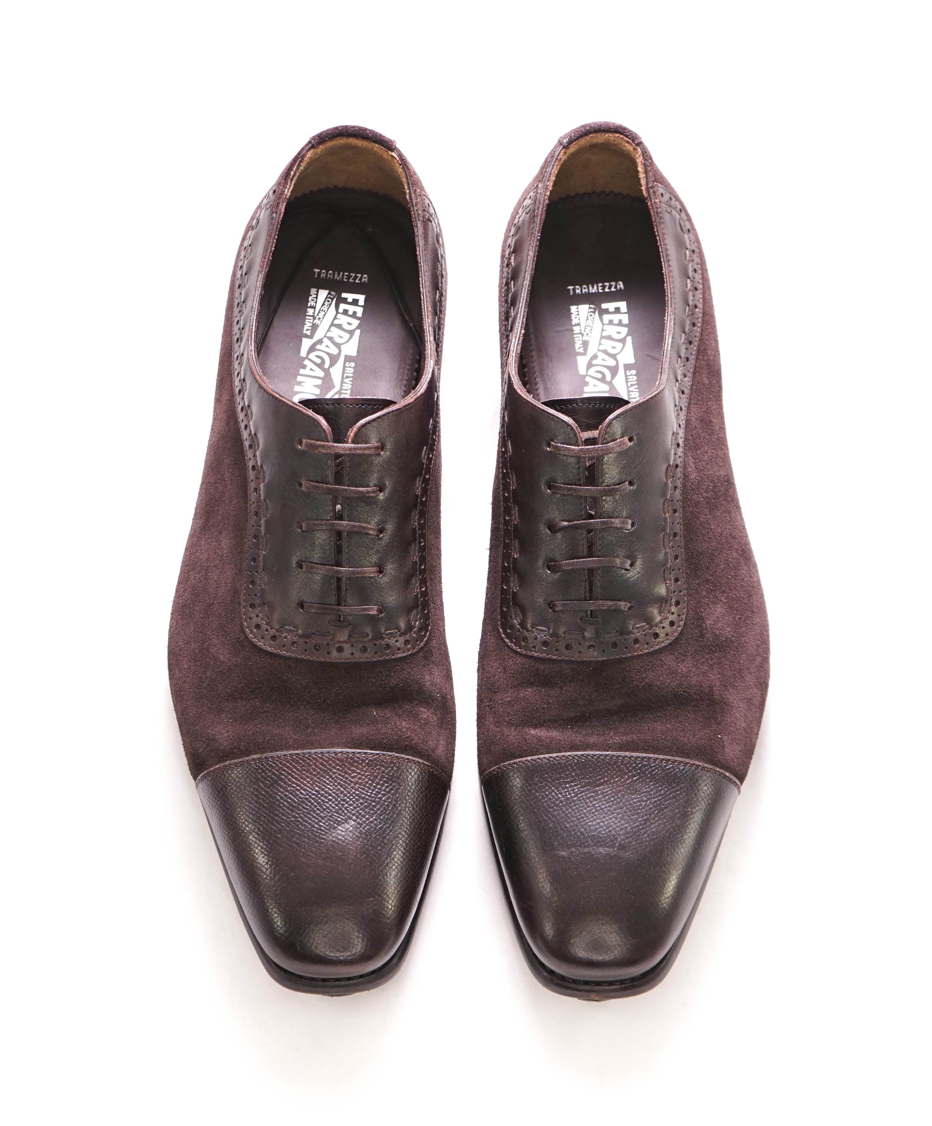 $1,250 SALVATORE FERRAGAMO - "TRAMEZZA" Burgundy Mixed Media Oxford - 9.5 E US