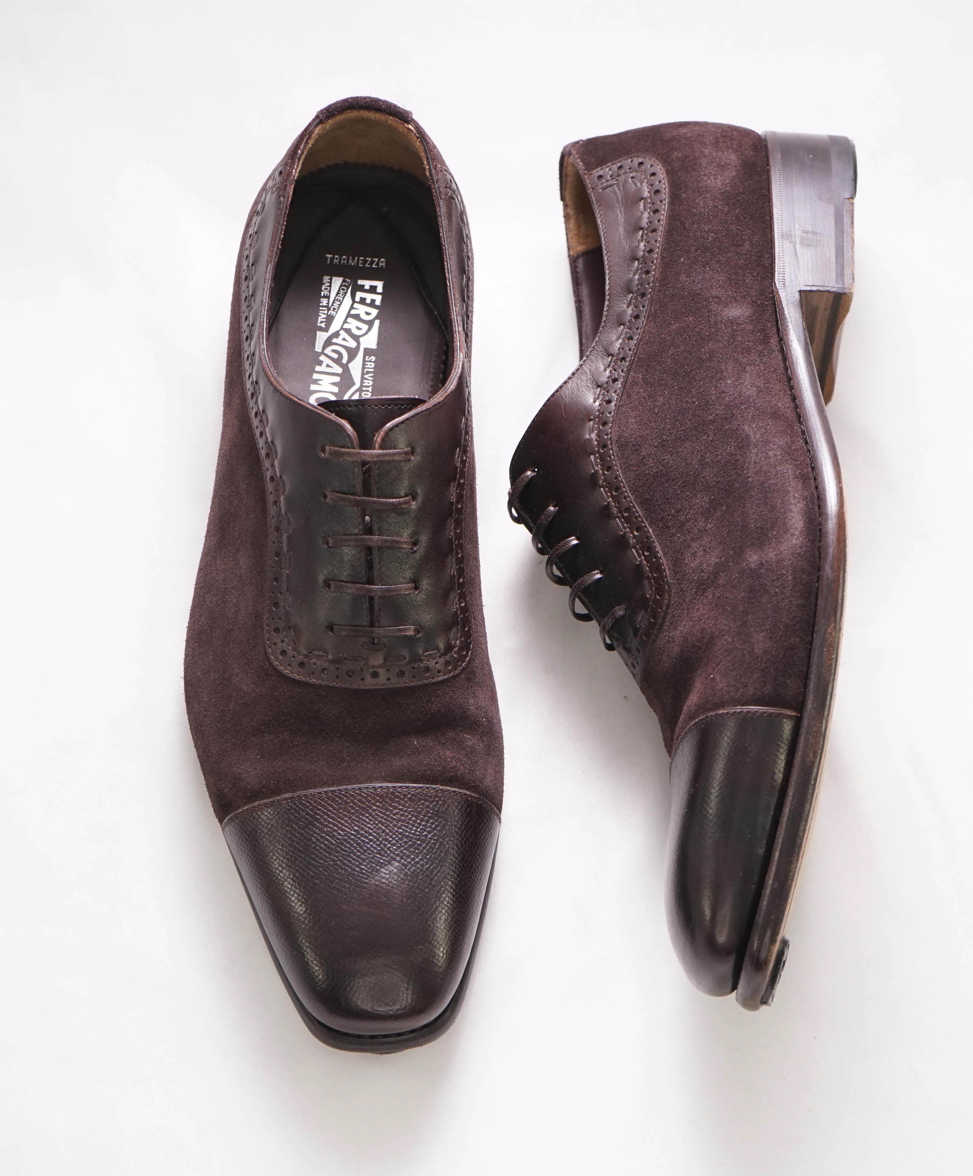 $1,250 SALVATORE FERRAGAMO - "TRAMEZZA" Burgundy Mixed Media Oxford - 9.5 E US