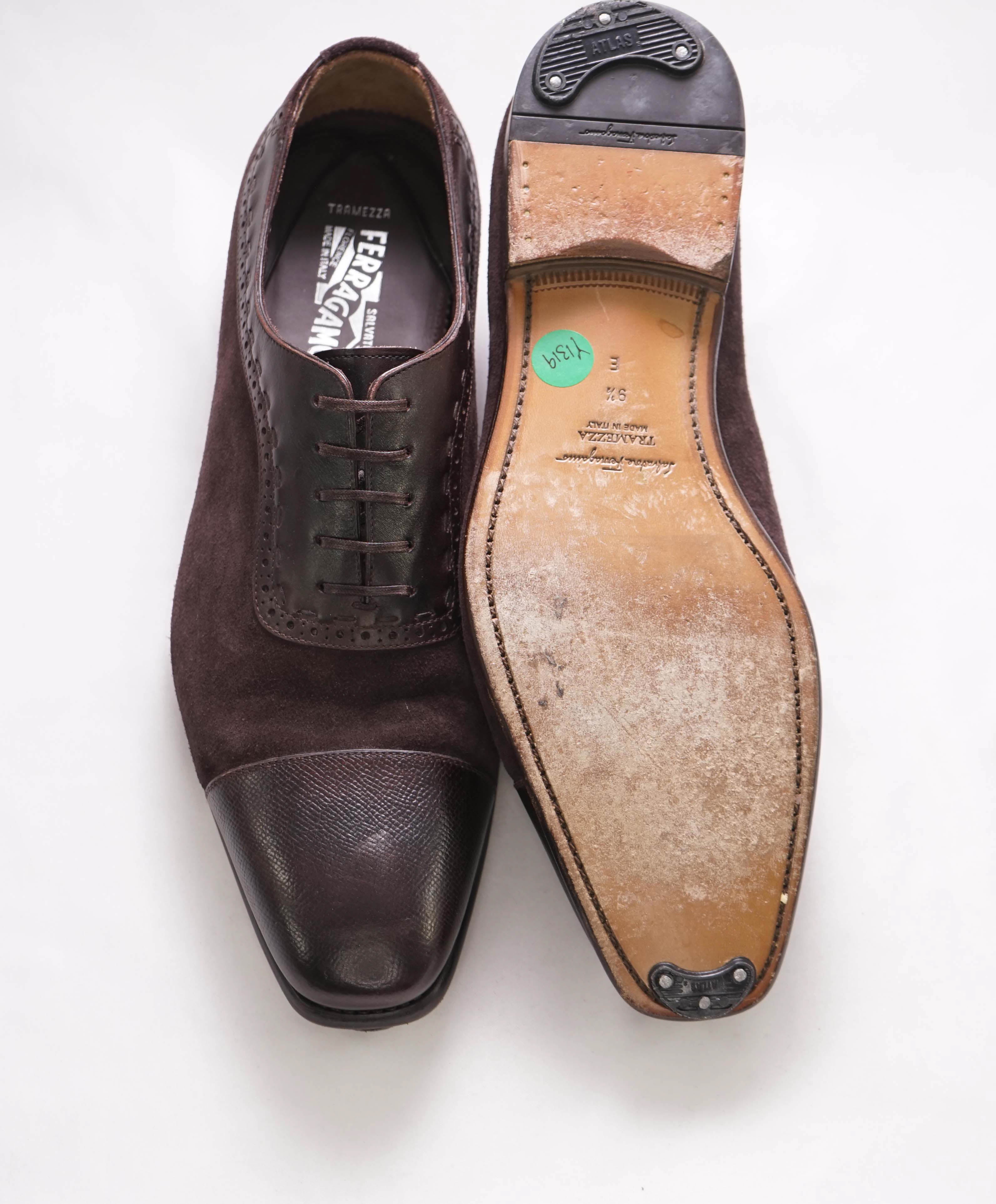 $1,250 SALVATORE FERRAGAMO - "TRAMEZZA" Burgundy Mixed Media Oxford - 9.5 E US