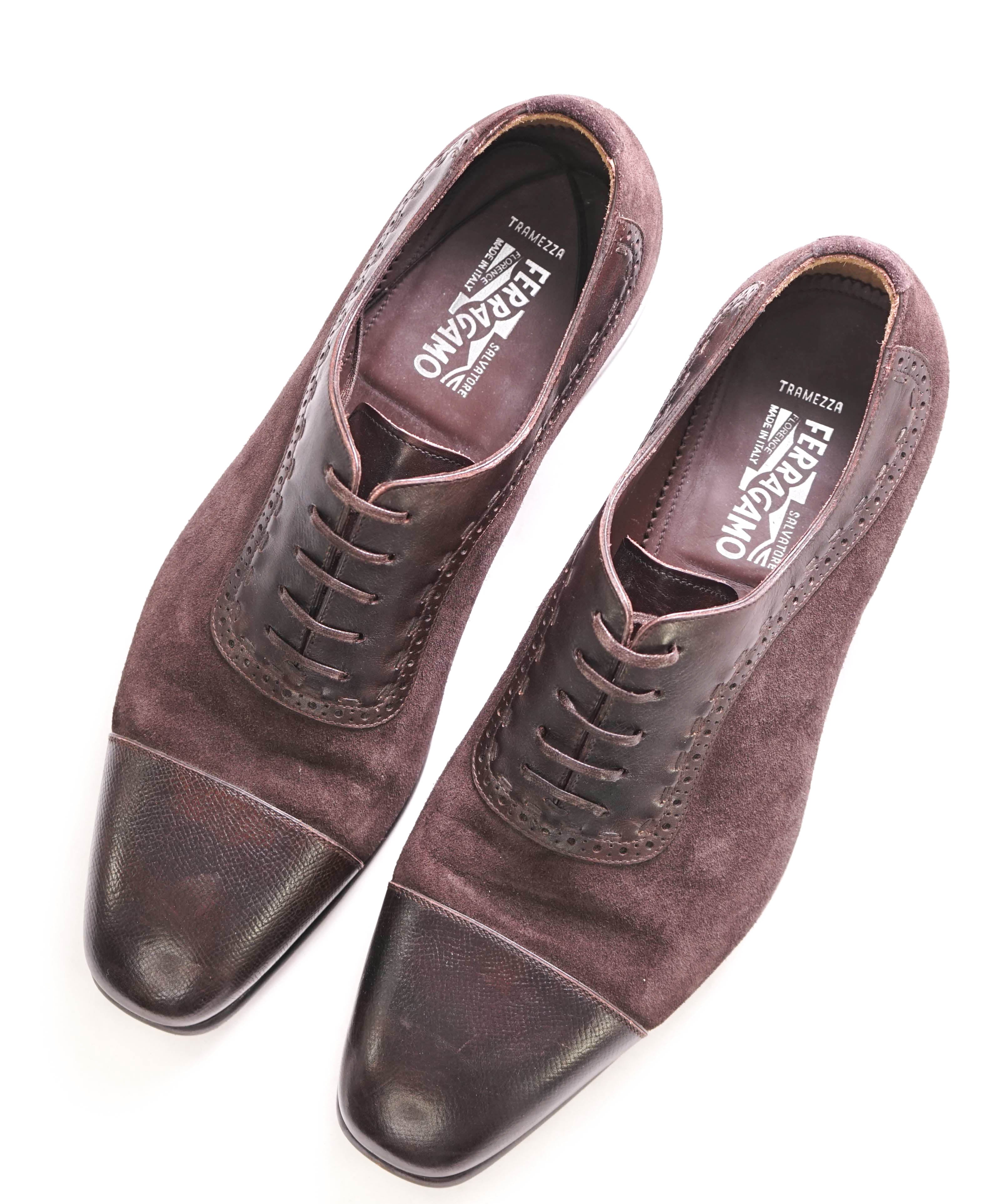 $1,250 SALVATORE FERRAGAMO - "TRAMEZZA" Burgundy Mixed Media Oxford - 9.5 E US