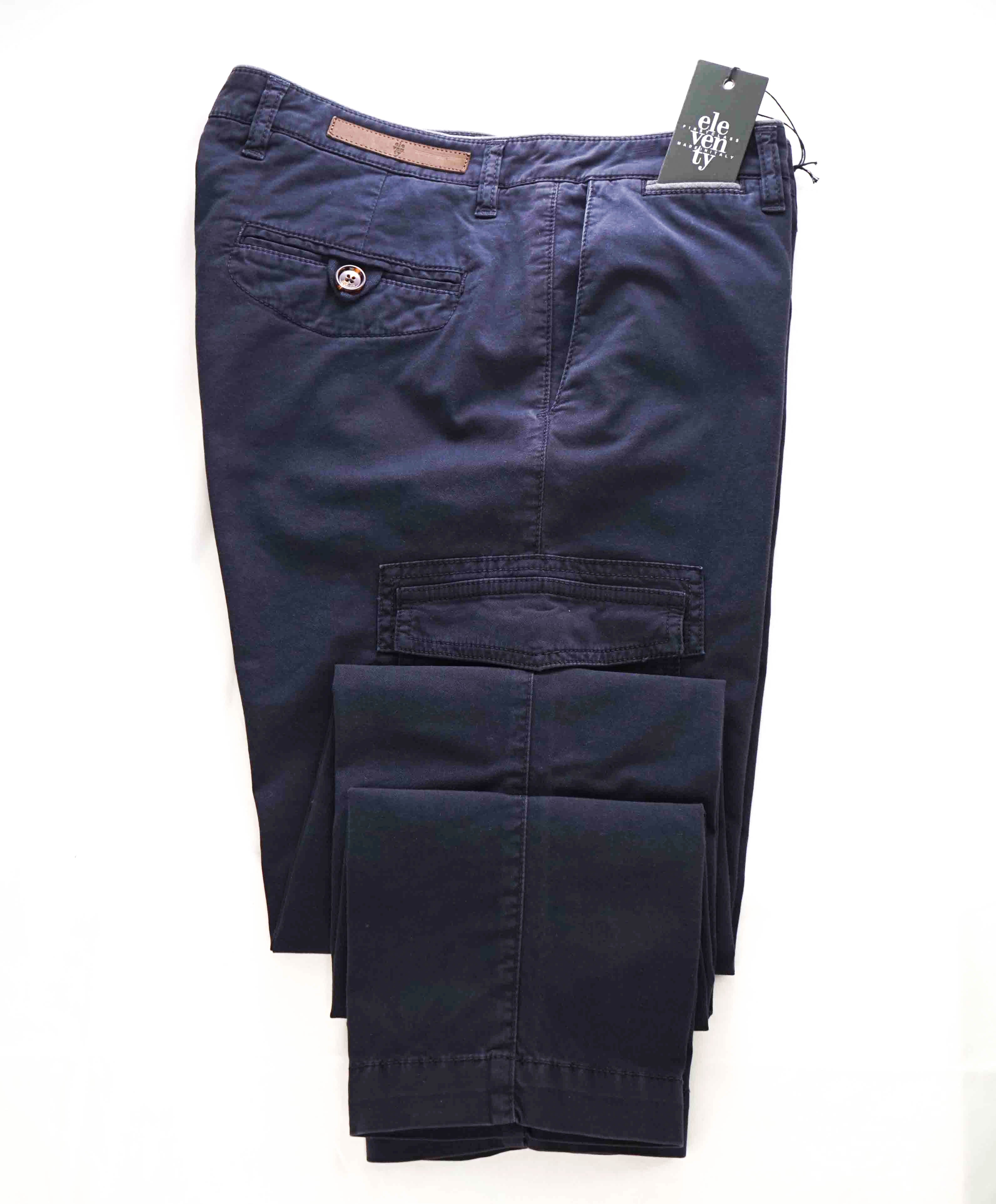 $345 ELEVENTY - Contrast Piping Navy Blue Cotton Cargo Chino Pants - 38W