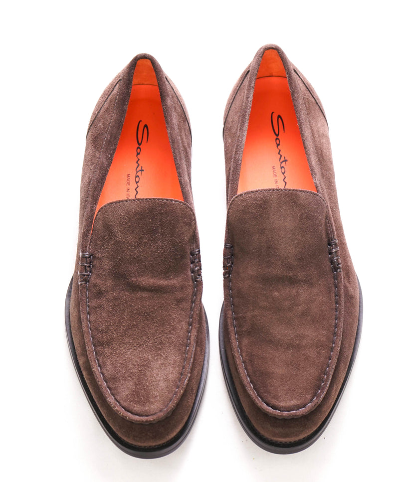 $750 SANTONI - Brown Suede Soft Slip-On Loafers - 8 D US