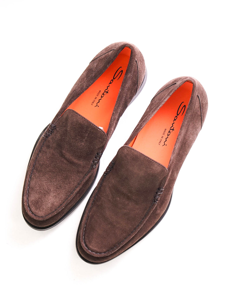 $750 SANTONI - Brown Suede Soft Slip-On Loafers - 8 D US