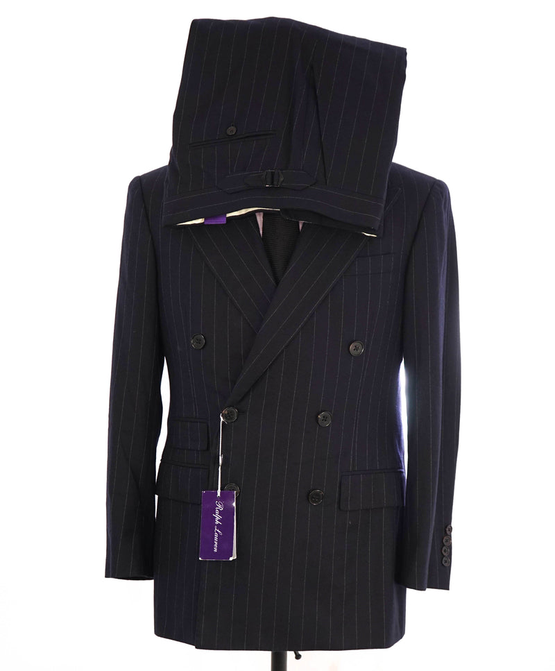 $5,995 RALPH LAUREN PURPLE LABEL - Navy Flannel Stripe Double Breasted Suit - 38R