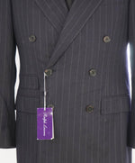 $5,995 RALPH LAUREN PURPLE LABEL - Navy Flannel Stripe Double Breasted Suit - 38R