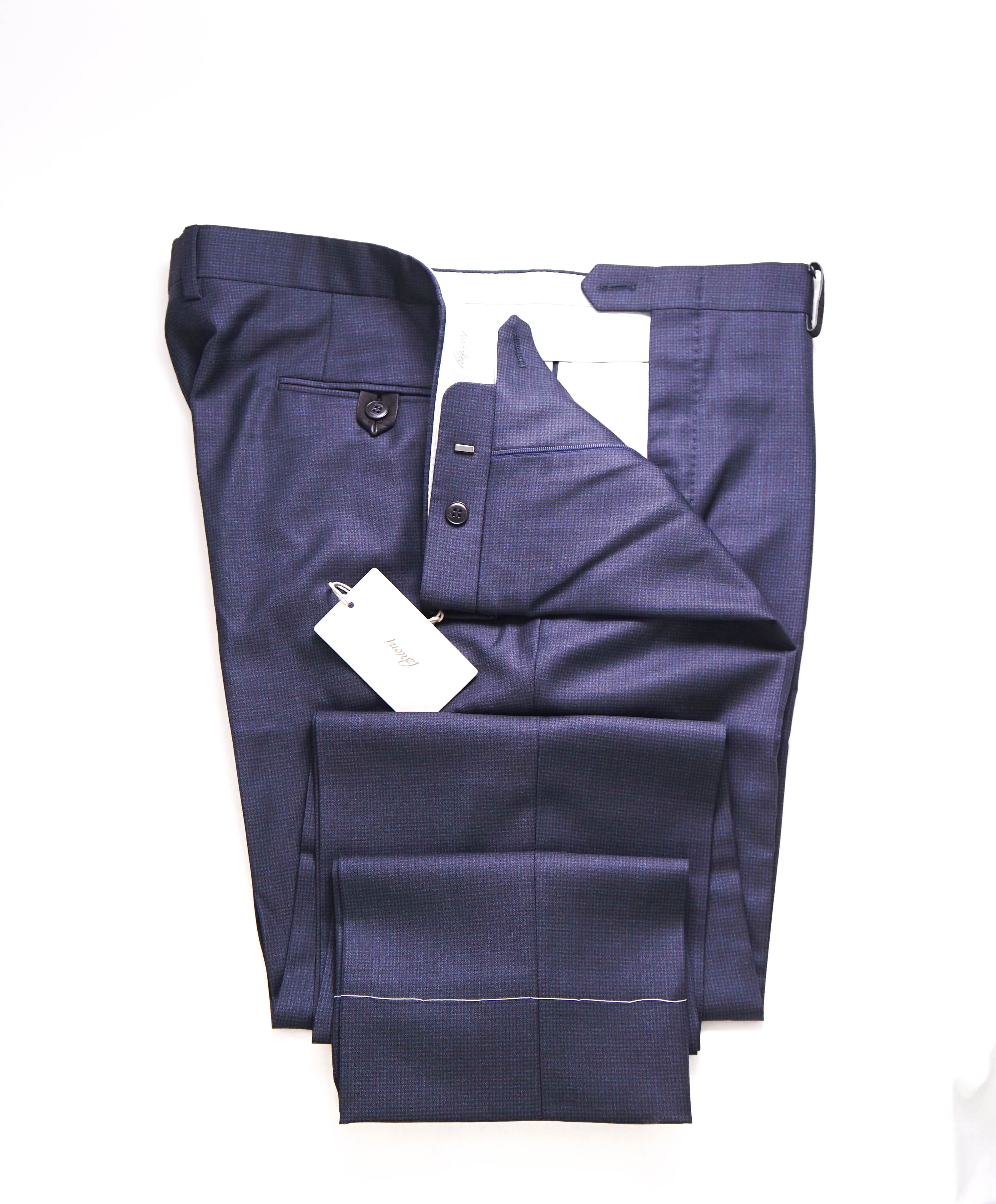 $1,250 BRIONI - SUEDE ACCENTS Blue Wool Micro Check Dress Pants- 40W