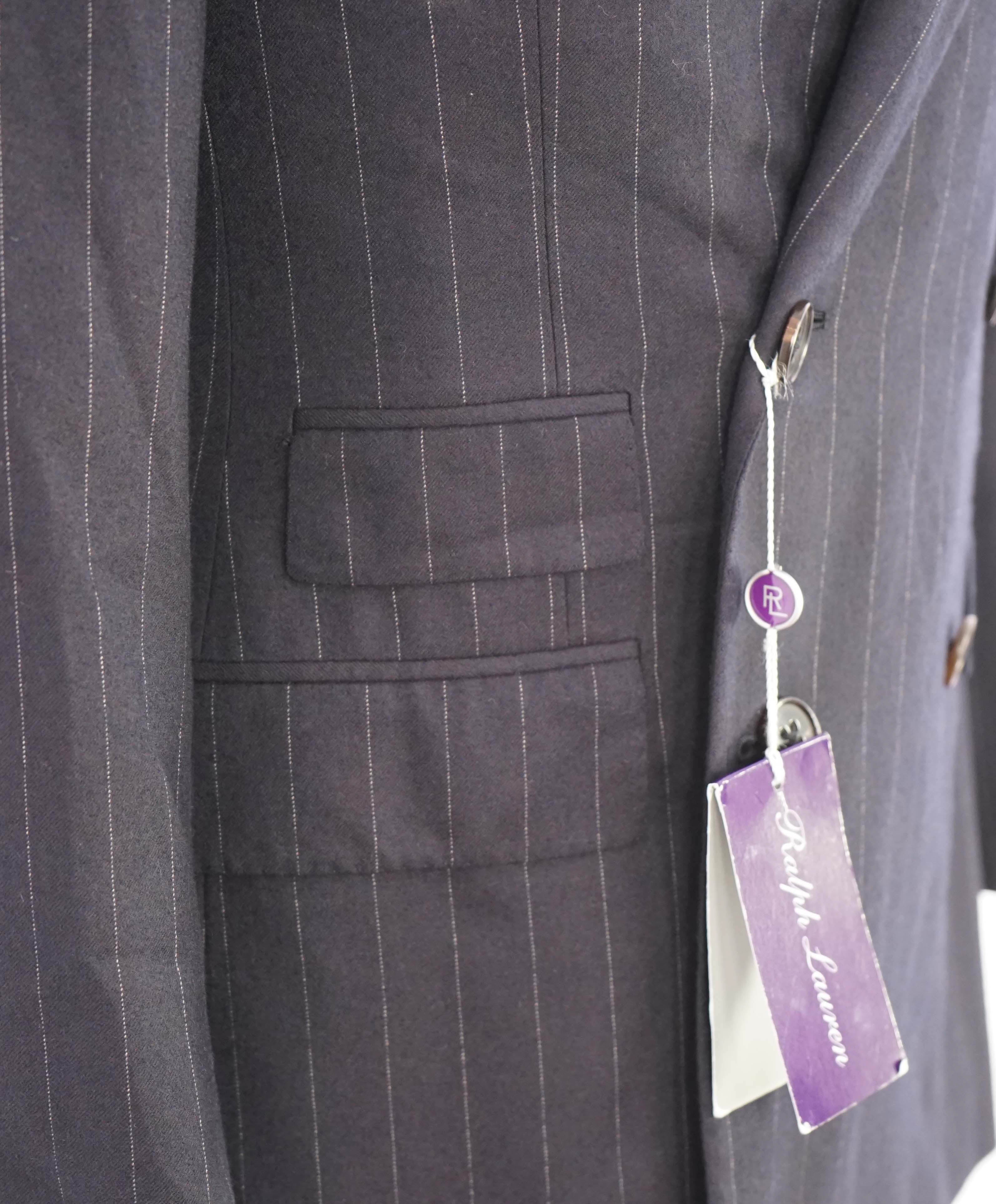 $5,995 RALPH LAUREN PURPLE LABEL - Navy Flannel Stripe Double Breasted Suit - 38R