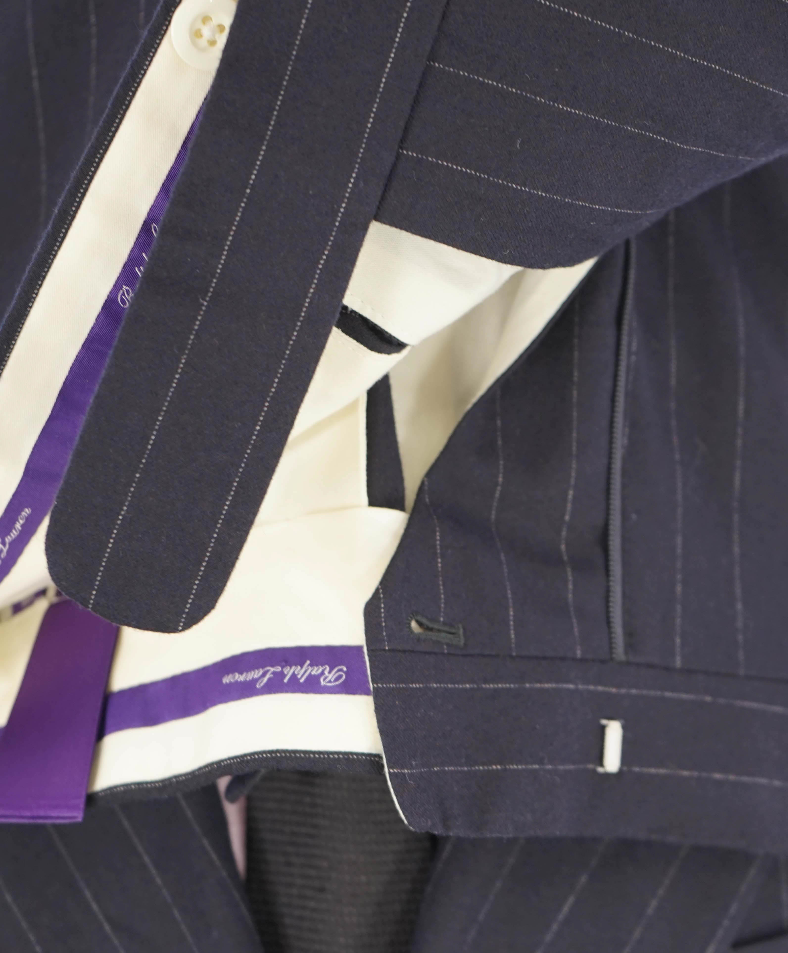 $5,995 RALPH LAUREN PURPLE LABEL - Navy Flannel Stripe Double Breasted Suit - 38R