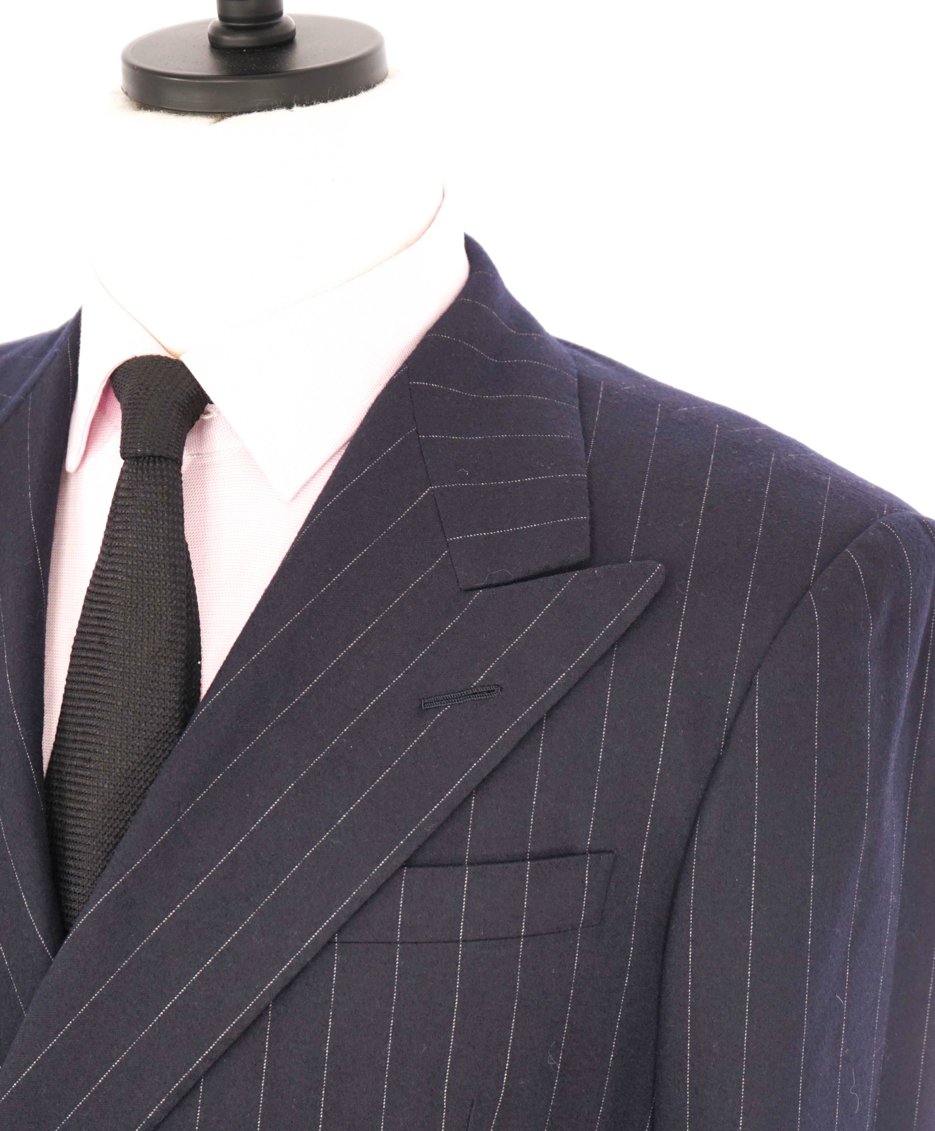 $5,995 RALPH LAUREN PURPLE LABEL - Navy Flannel Stripe Double Breasted Suit - 38R