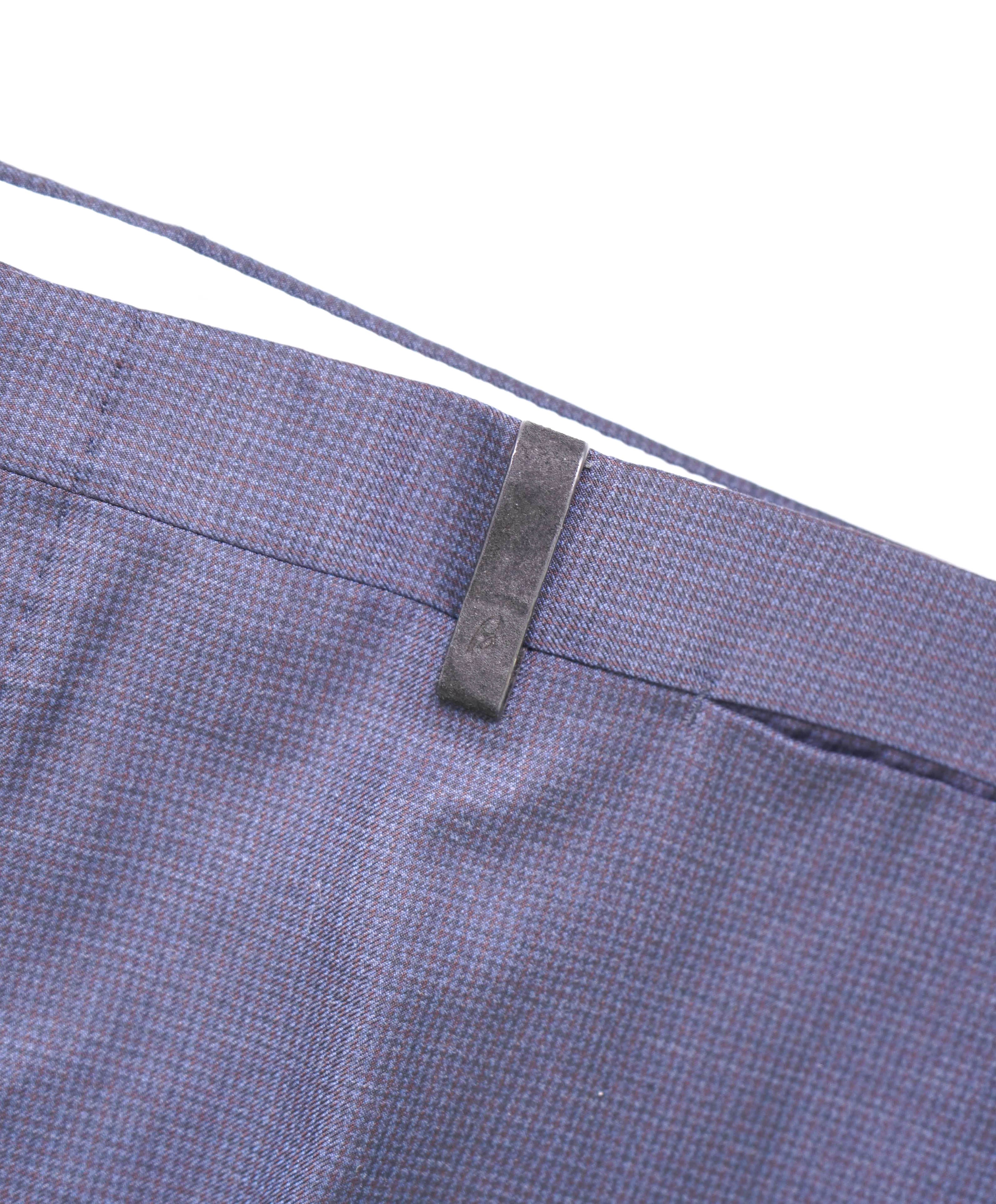 $1,250 BRIONI - SUEDE ACCENTS Blue Wool Micro Check Dress Pants- 40W