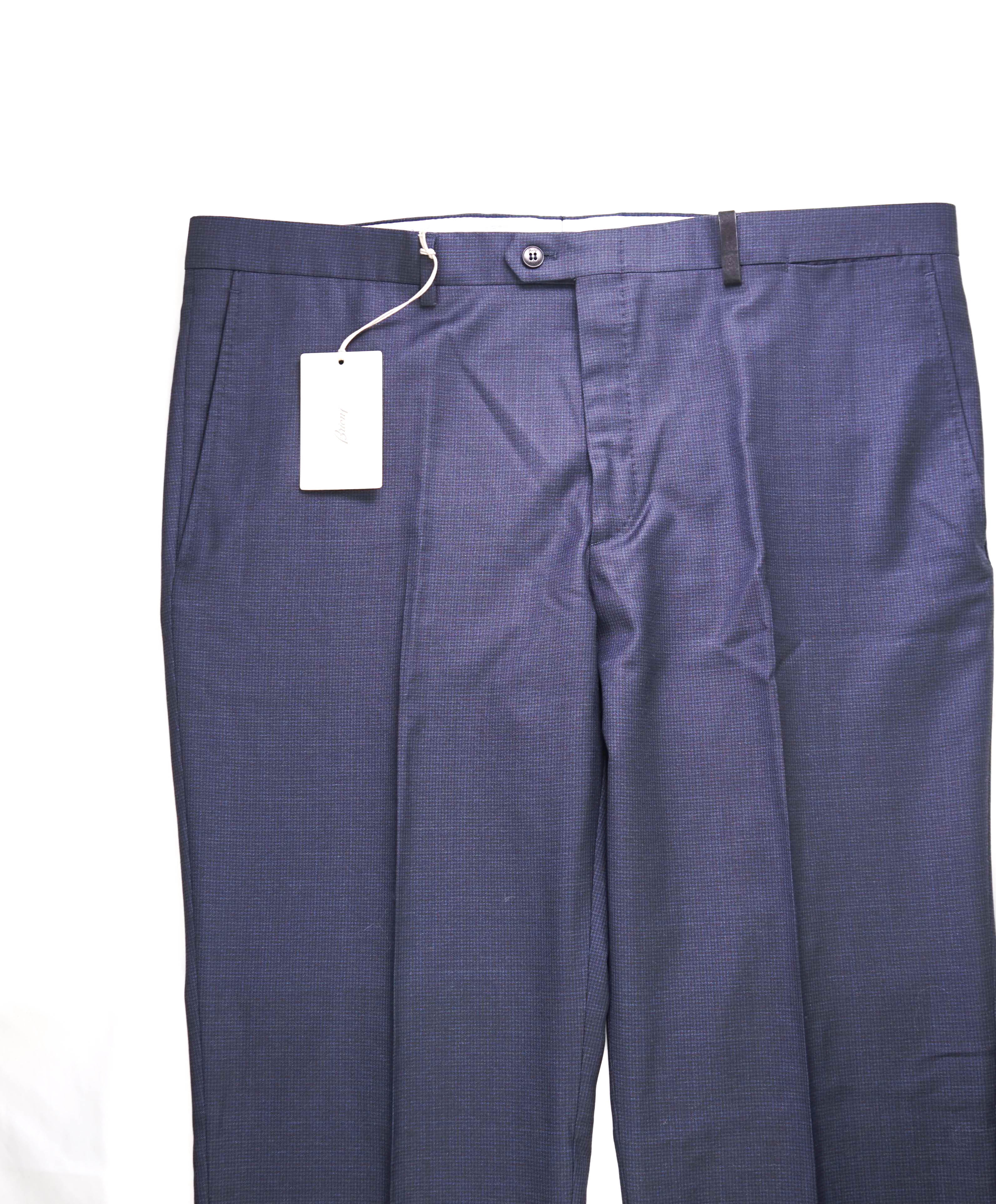 $1,250 BRIONI - SUEDE ACCENTS Blue Wool Micro Check Dress Pants- 40W