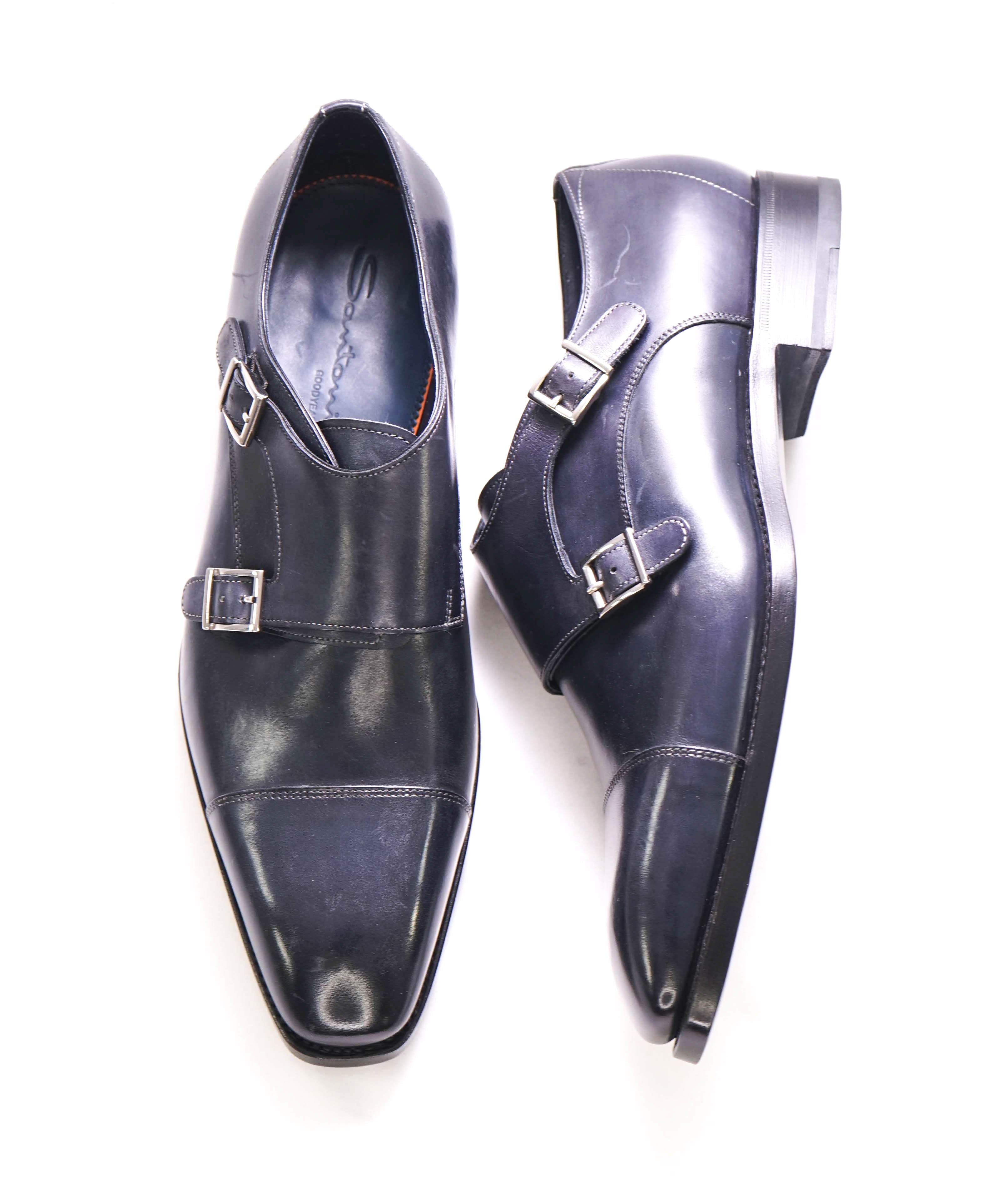 $1,595 SANTONI - "GOODYEAR” Navy Monk Strap Loafers - 11.5 US (10.5 IT)