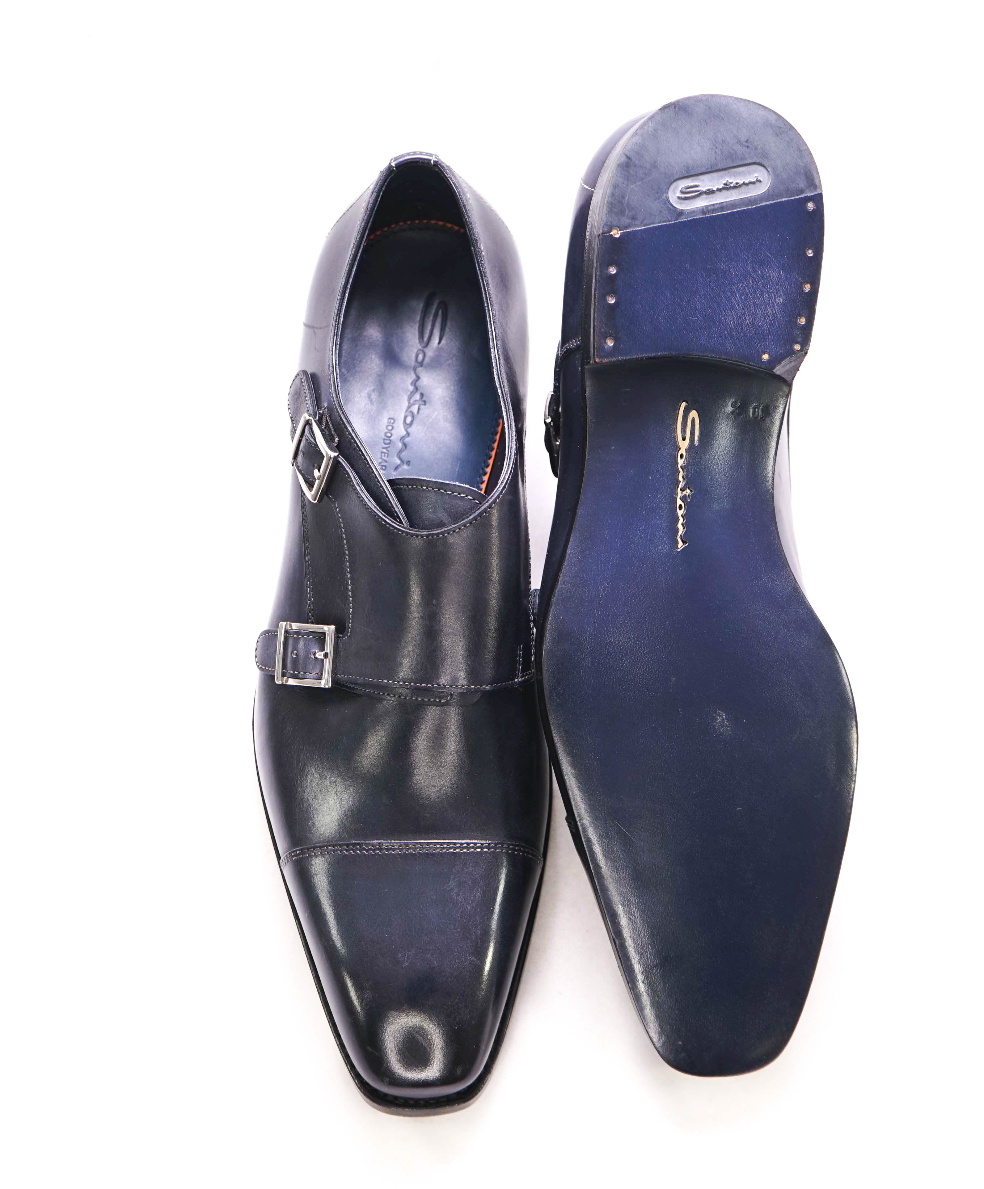 $1,595 SANTONI - "GOODYEAR” Navy Monk Strap Loafers - 11.5 US (10.5 IT)