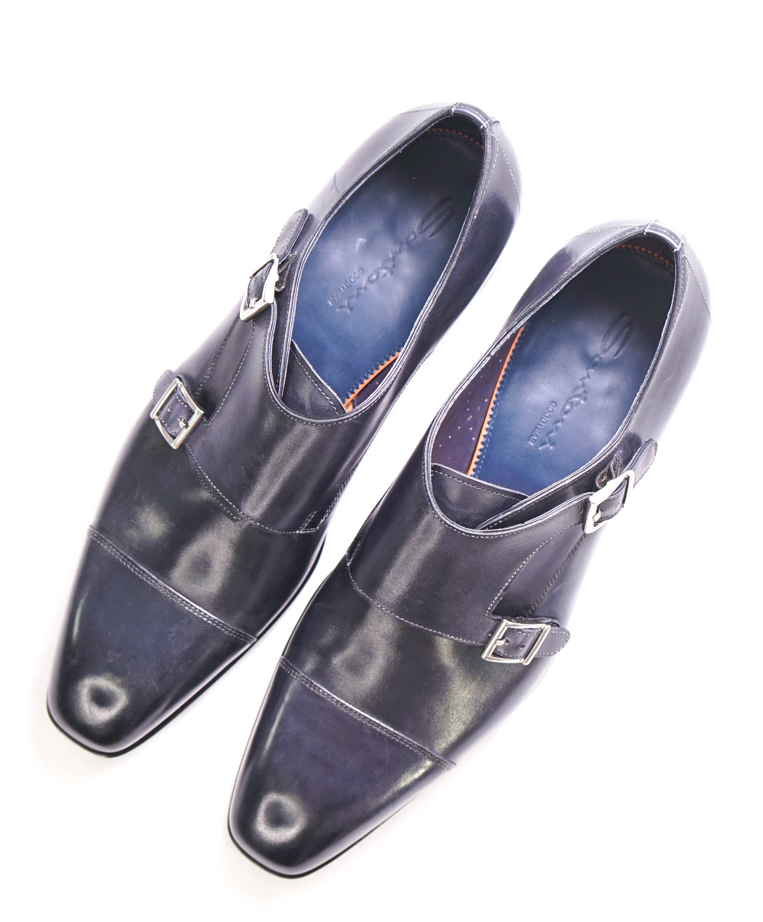 $1,595 SANTONI - "GOODYEAR” Navy Monk Strap Loafers - 11.5 US (10.5 IT)