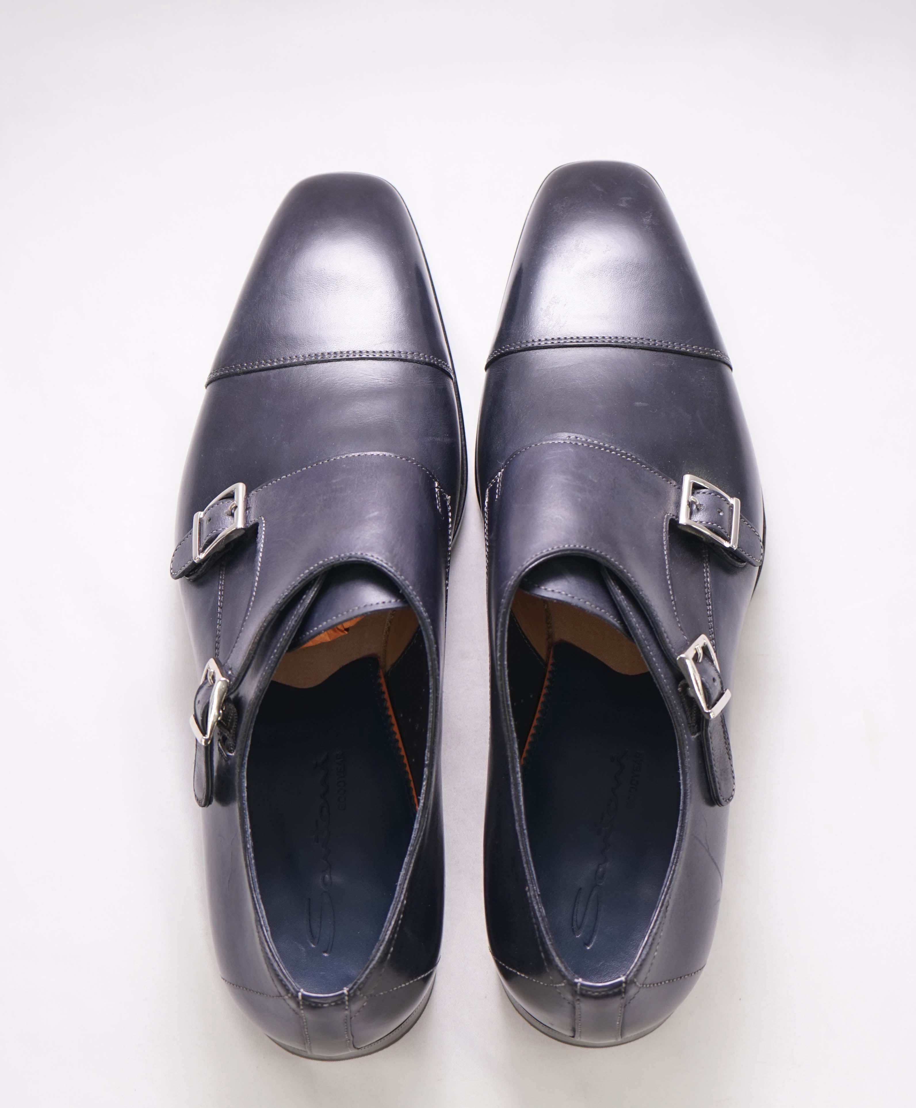 $1,595 SANTONI - "GOODYEAR” Navy Monk Strap Loafers - 11.5 US (10.5 IT)