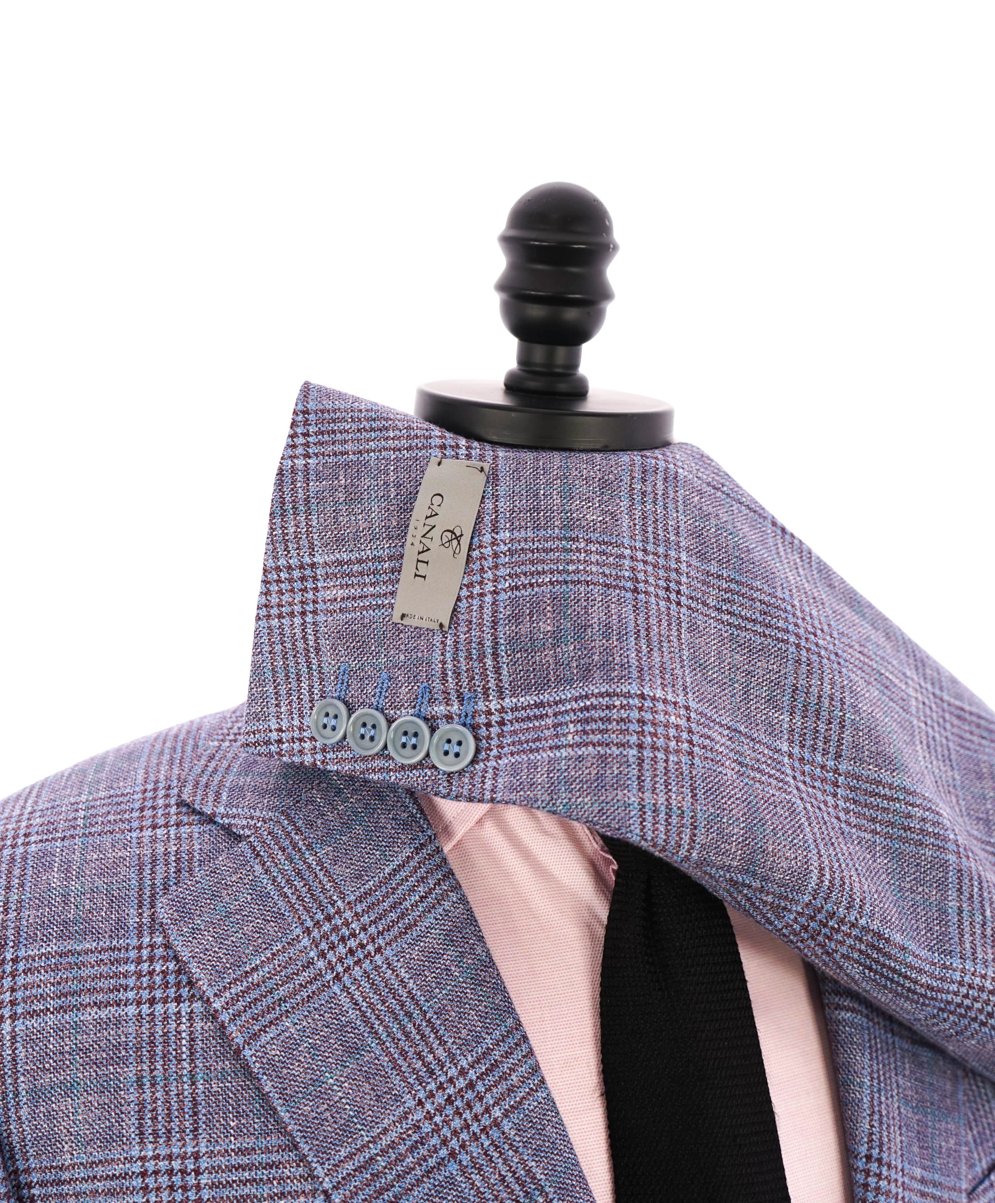 $1,895 CANALI - Baby Blue / Burgundy Wool/Silk/Linen Blazer - 42L