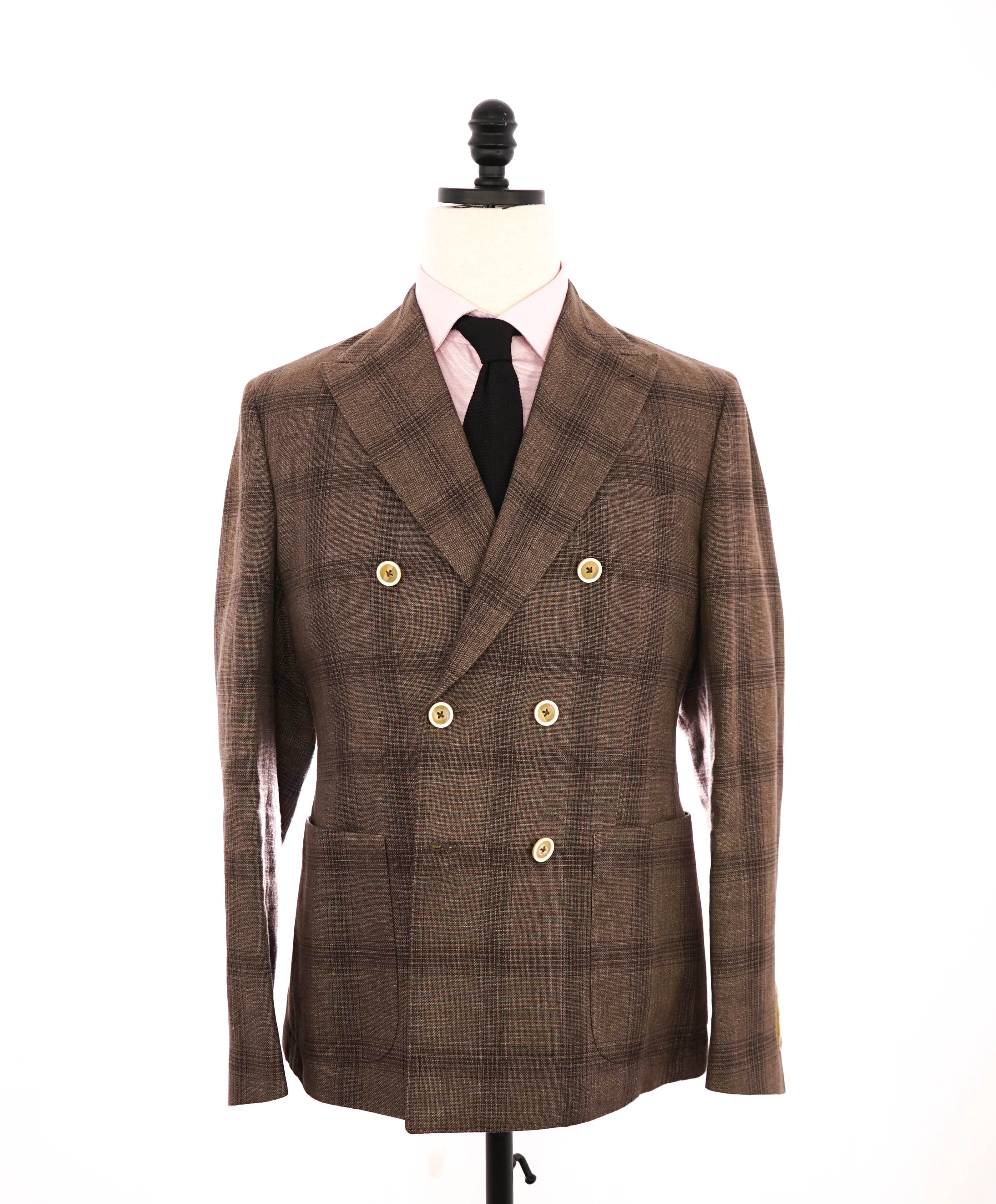 $1,295 ELEVENTY -Brown Check Double Breasted LINEN/COTTON Blazer- 40 (50 EU)