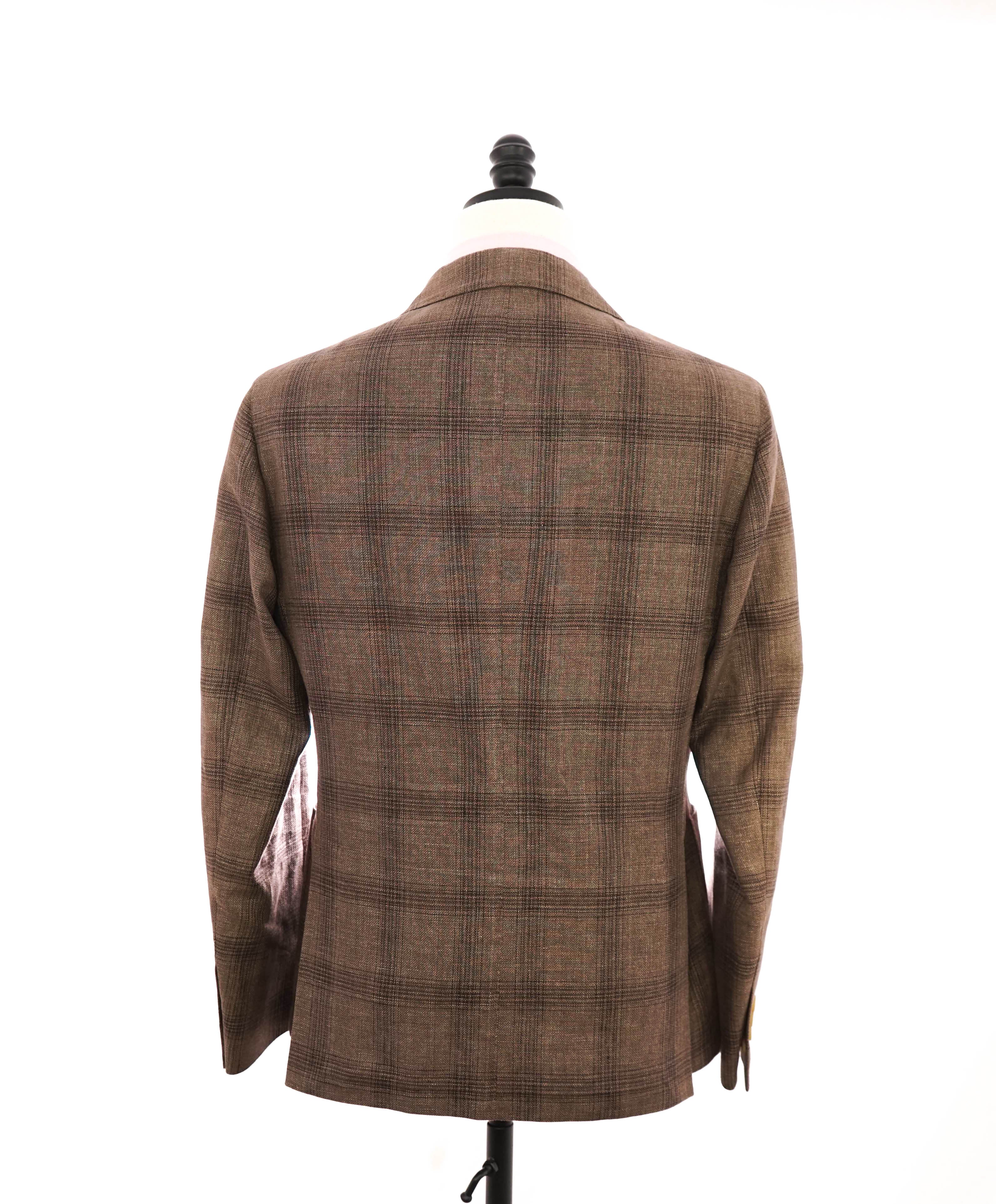 $1,295 ELEVENTY -Brown Check Double Breasted LINEN/COTTON Blazer- 40 (50 EU)