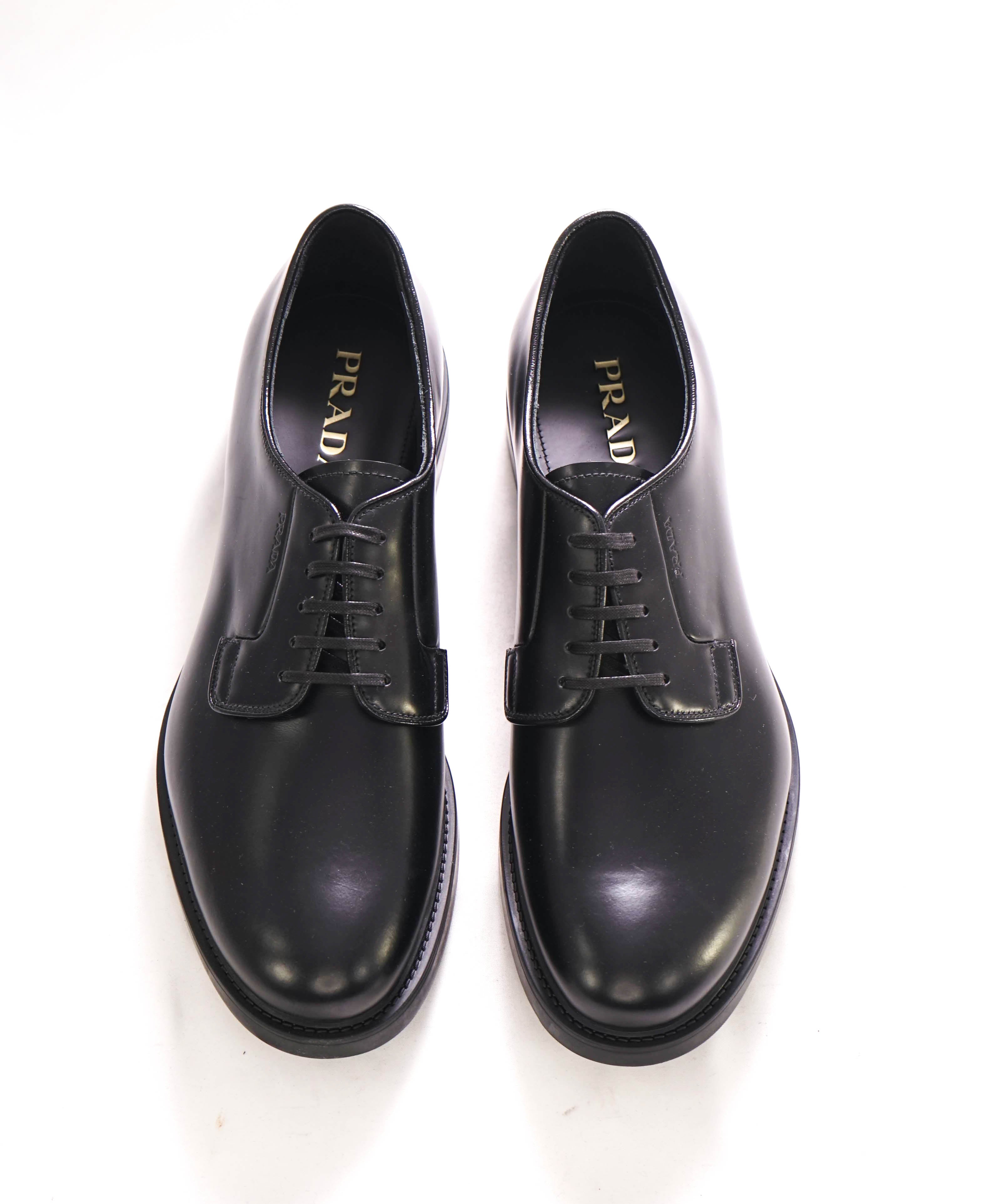 $1,150 PRADA - Black Brushed Leather Derby Lace-Ups - 12 US (11 Prada)