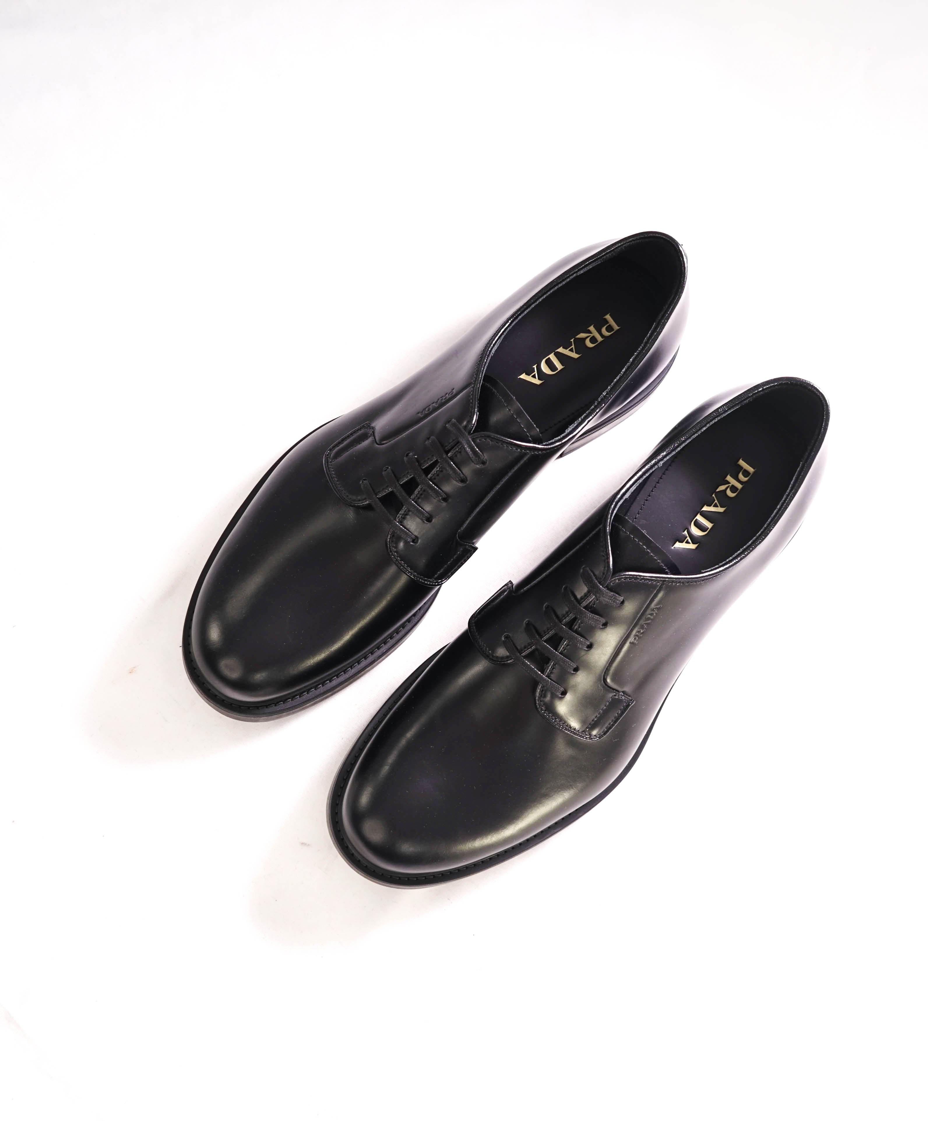 $1,150 PRADA - Black Brushed Leather Derby Lace-Ups - 12 US (11 Prada)