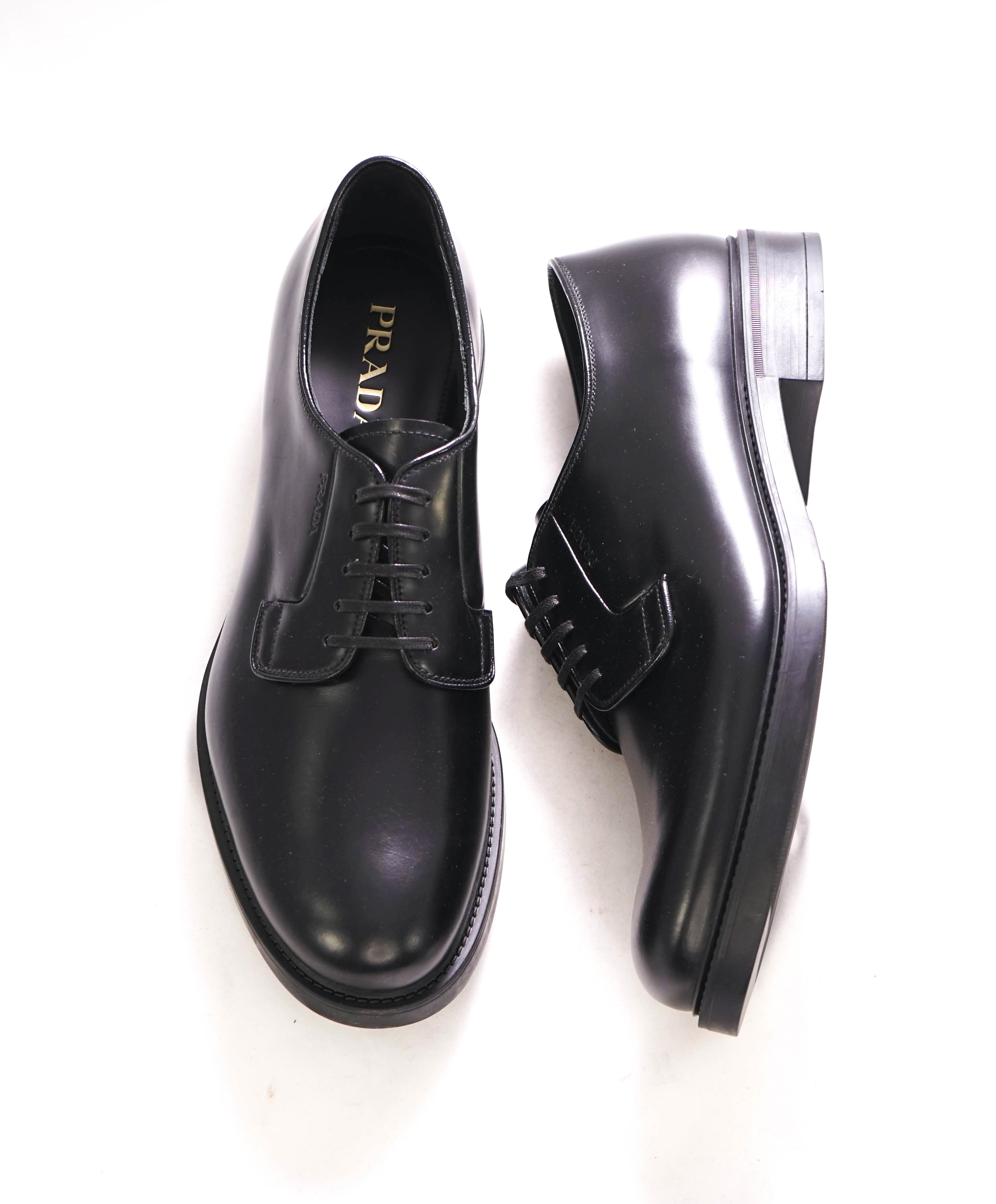 $1,150 PRADA - Black Brushed Leather Derby Lace-Ups - 12 US (11 Prada)