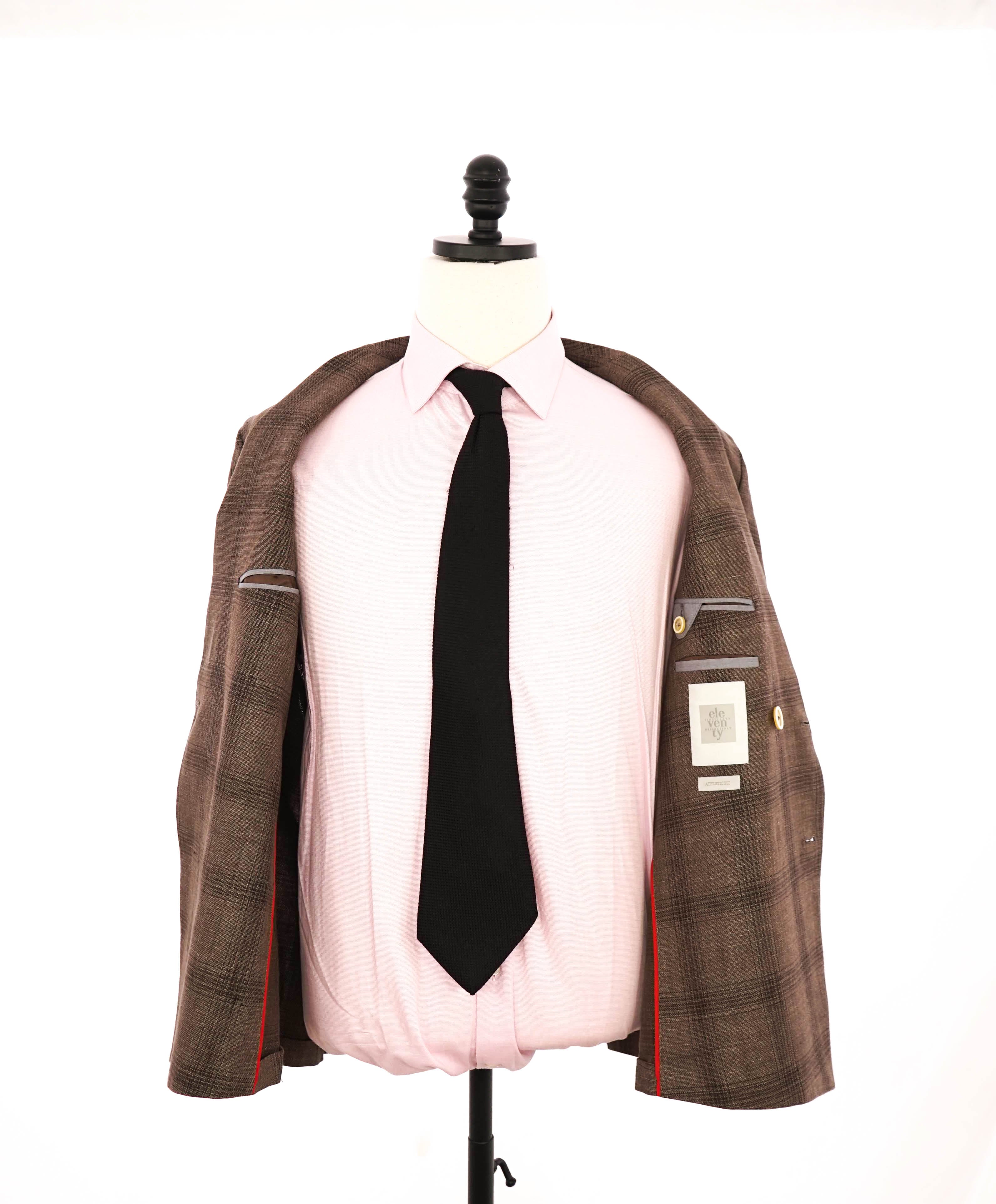 $1,295 ELEVENTY -Brown Check Double Breasted LINEN/COTTON Blazer- 40 (50 EU)