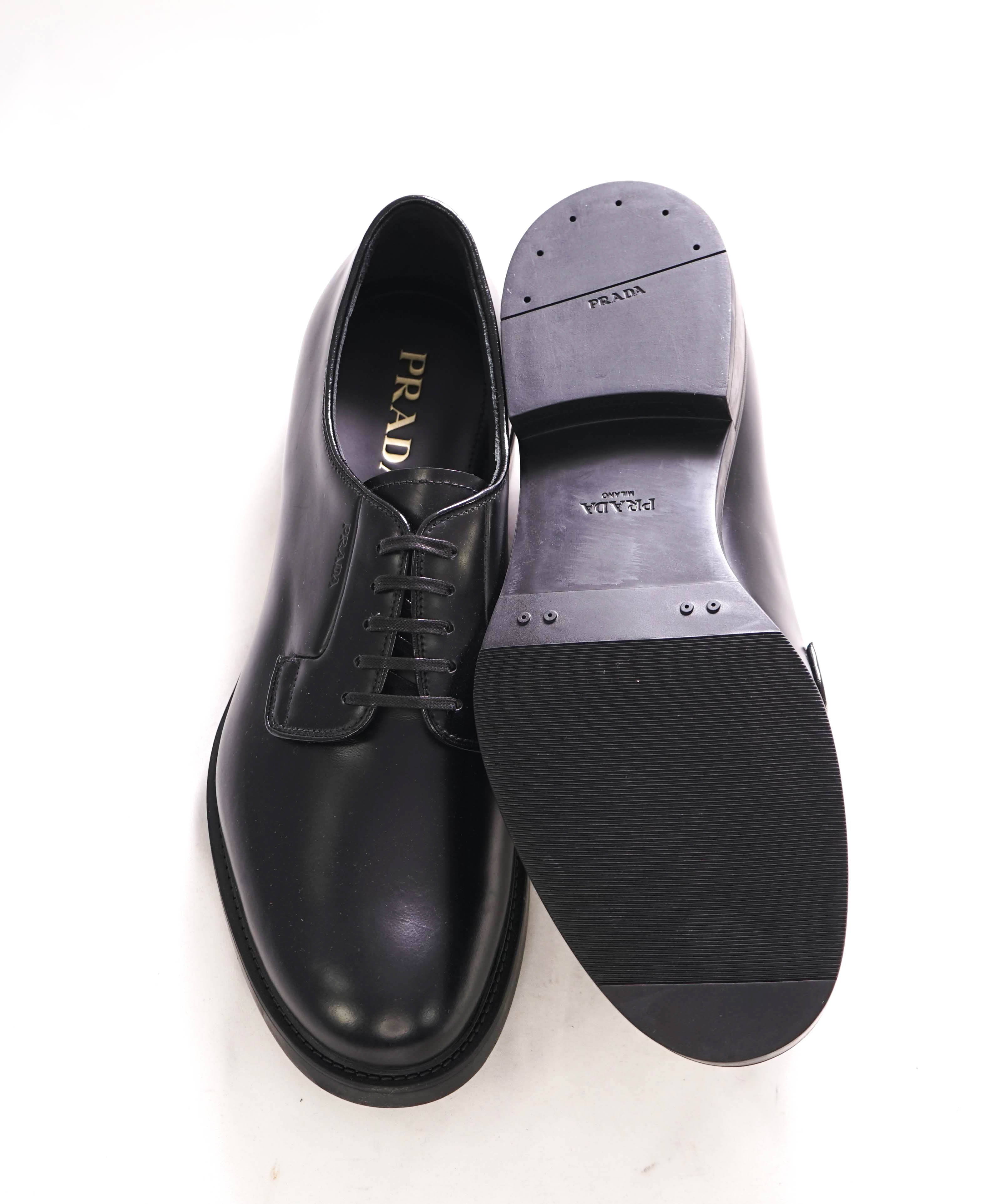 $1,150 PRADA - Black Brushed Leather Derby Lace-Ups - 12 US (11 Prada)