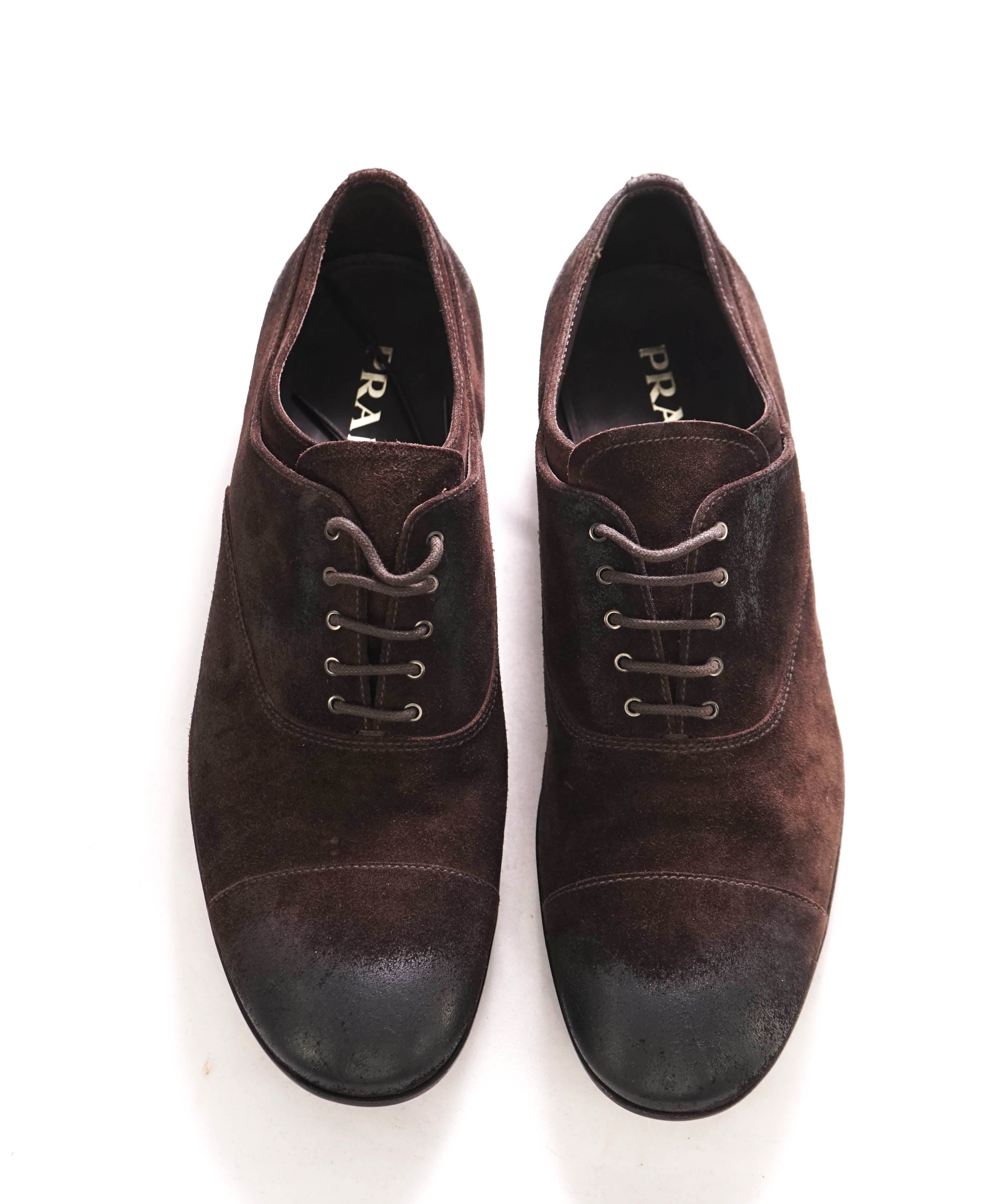 $980 PRADA - Brown Brushed Distressed Suede Cap Toe Oxfords - 9.5 US (8.5 Prada)