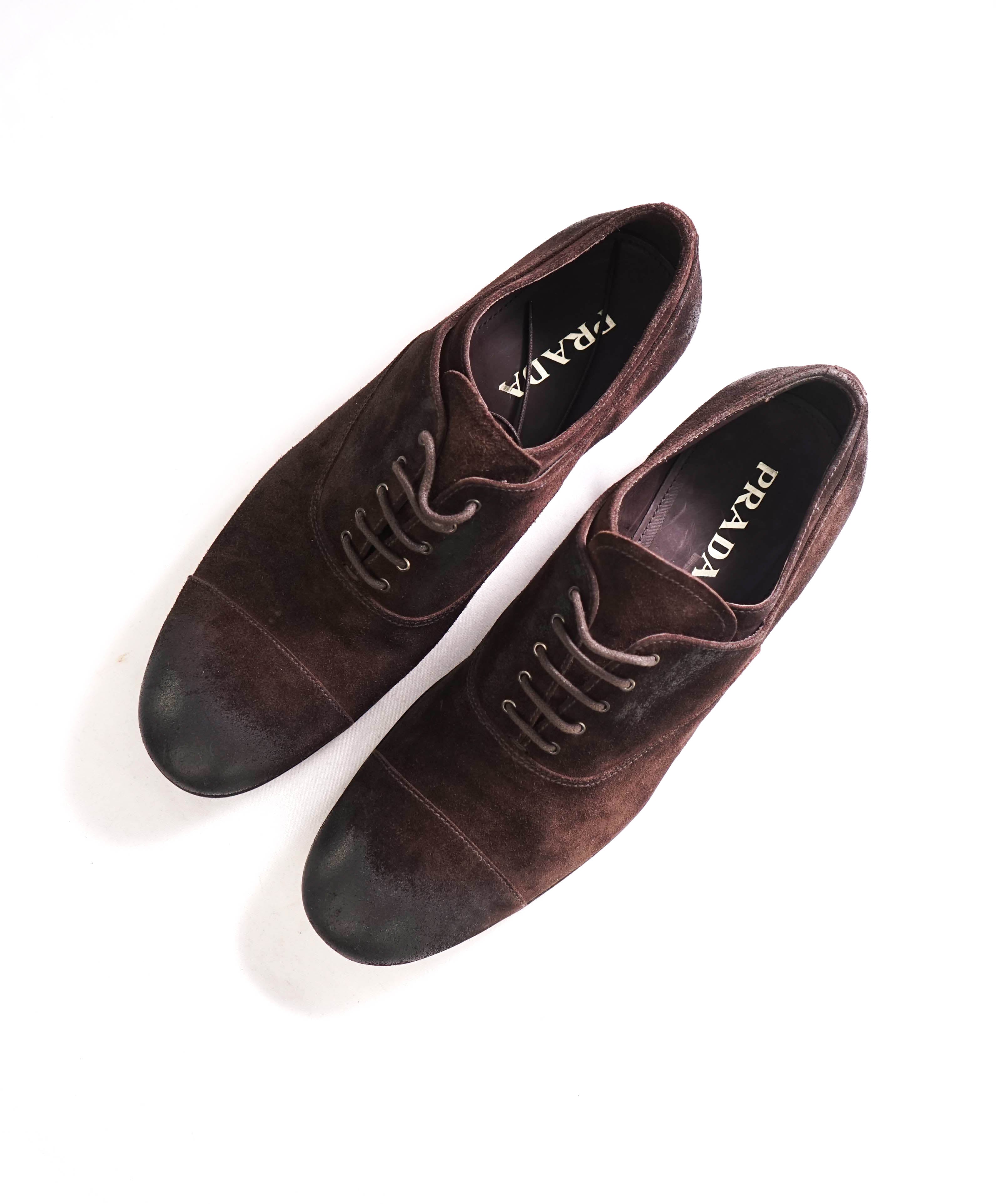 $980 PRADA - Brown Brushed Distressed Suede Cap Toe Oxfords - 9.5 US (8.5 Prada)