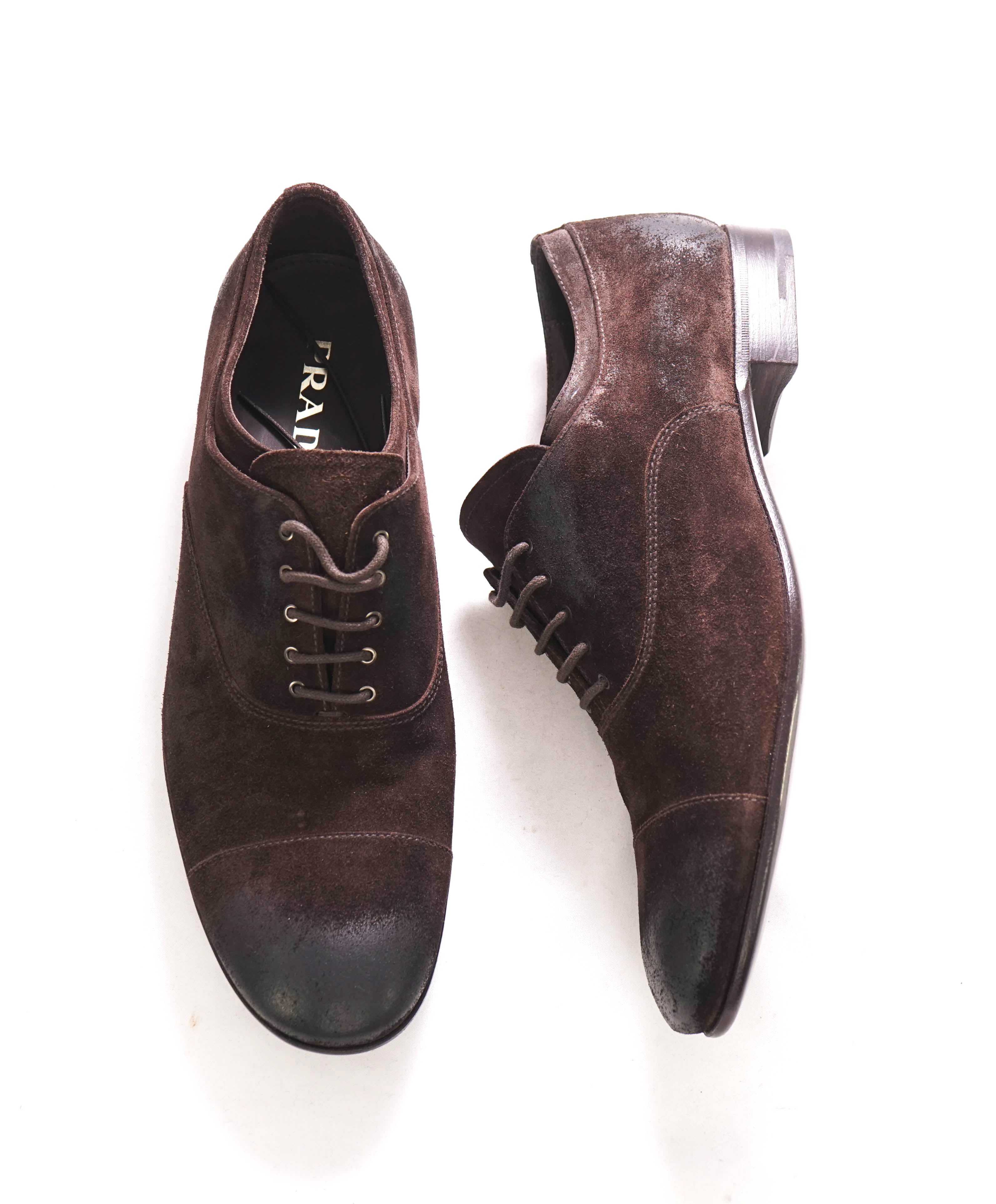 $980 PRADA - Brown Brushed Distressed Suede Cap Toe Oxfords - 9.5 US (8.5 Prada)