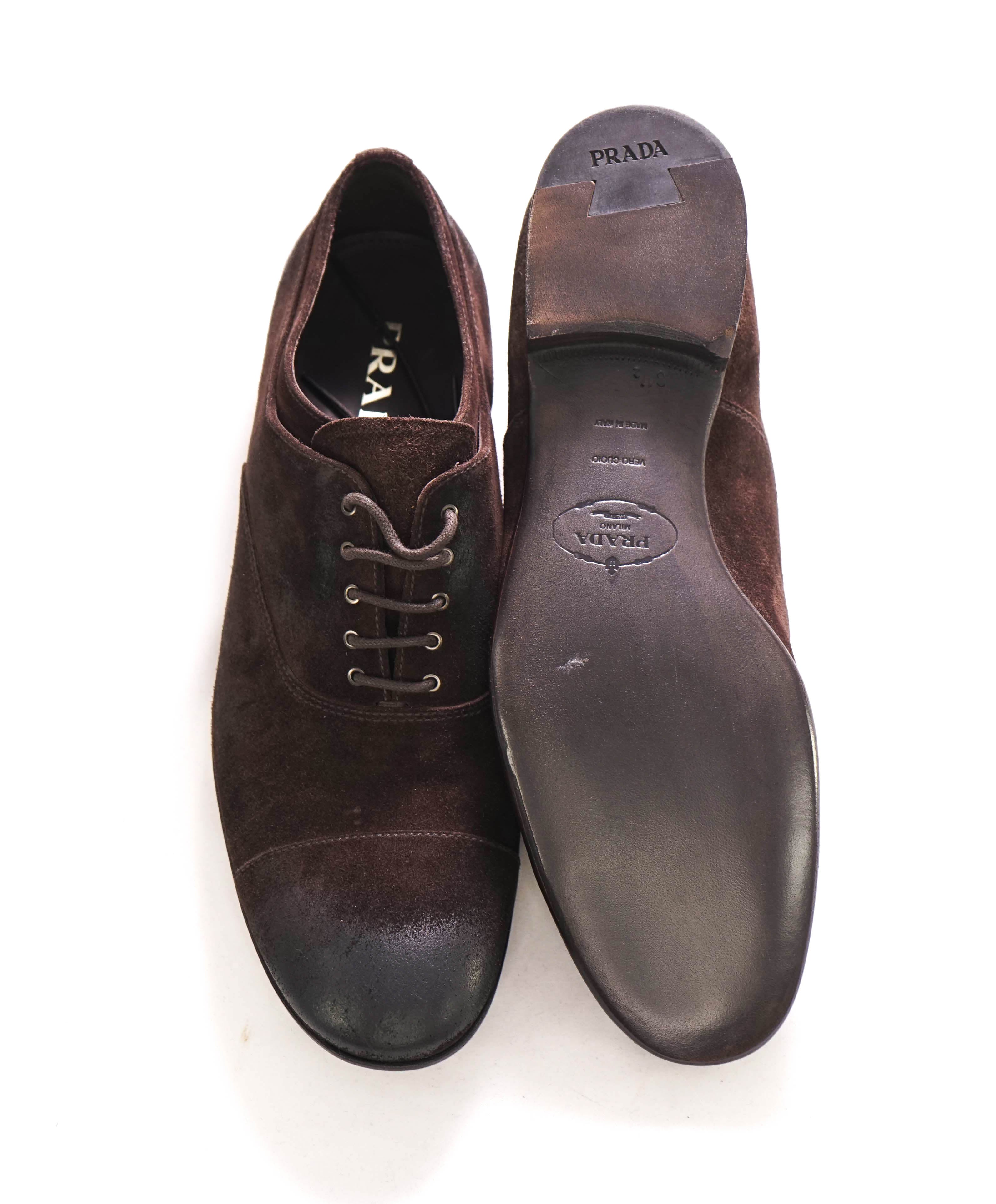 $980 PRADA - Brown Brushed Distressed Suede Cap Toe Oxfords - 9.5 US (8.5 Prada)