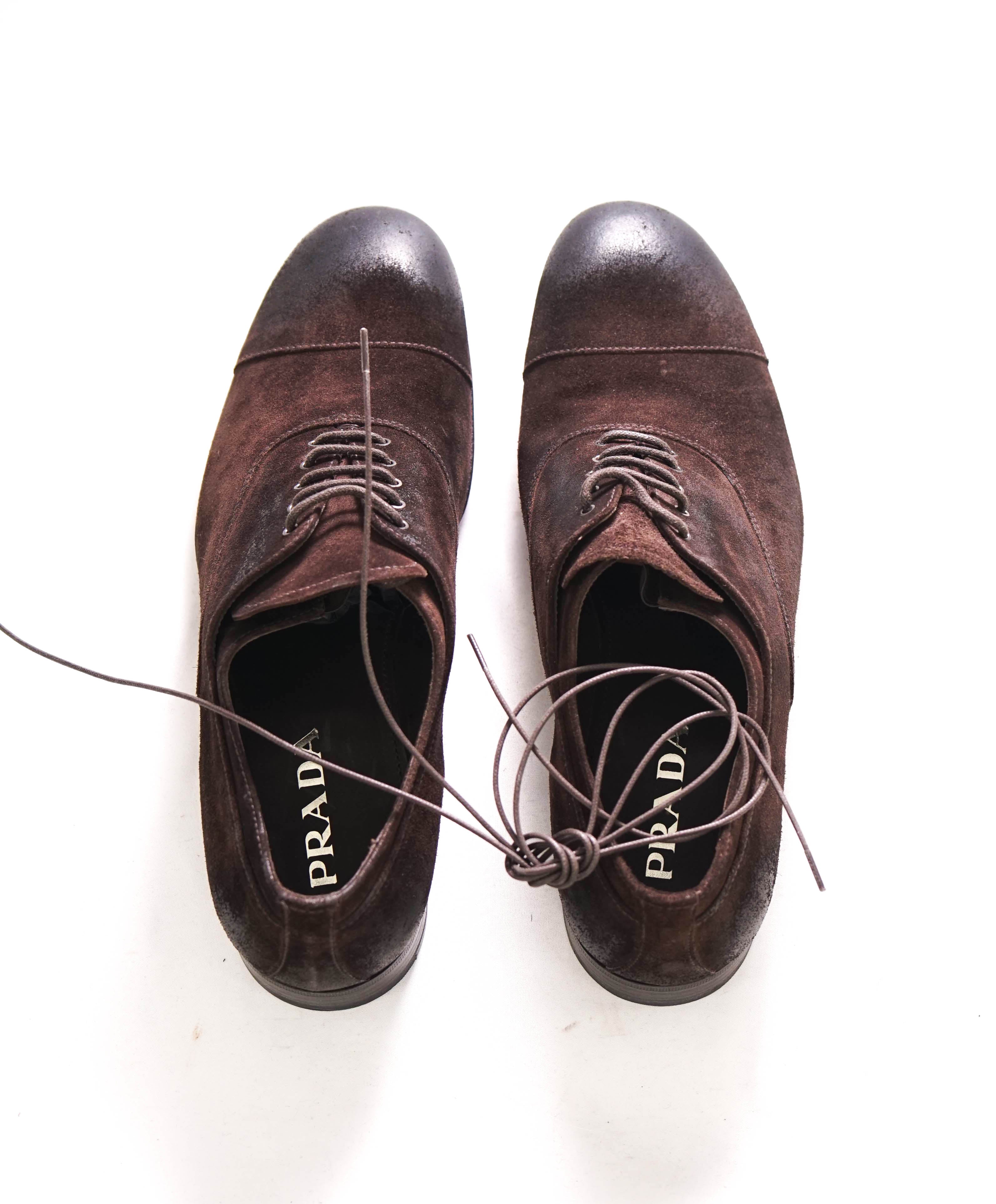 $980 PRADA - Brown Brushed Distressed Suede Cap Toe Oxfords - 9.5 US (8.5 Prada)