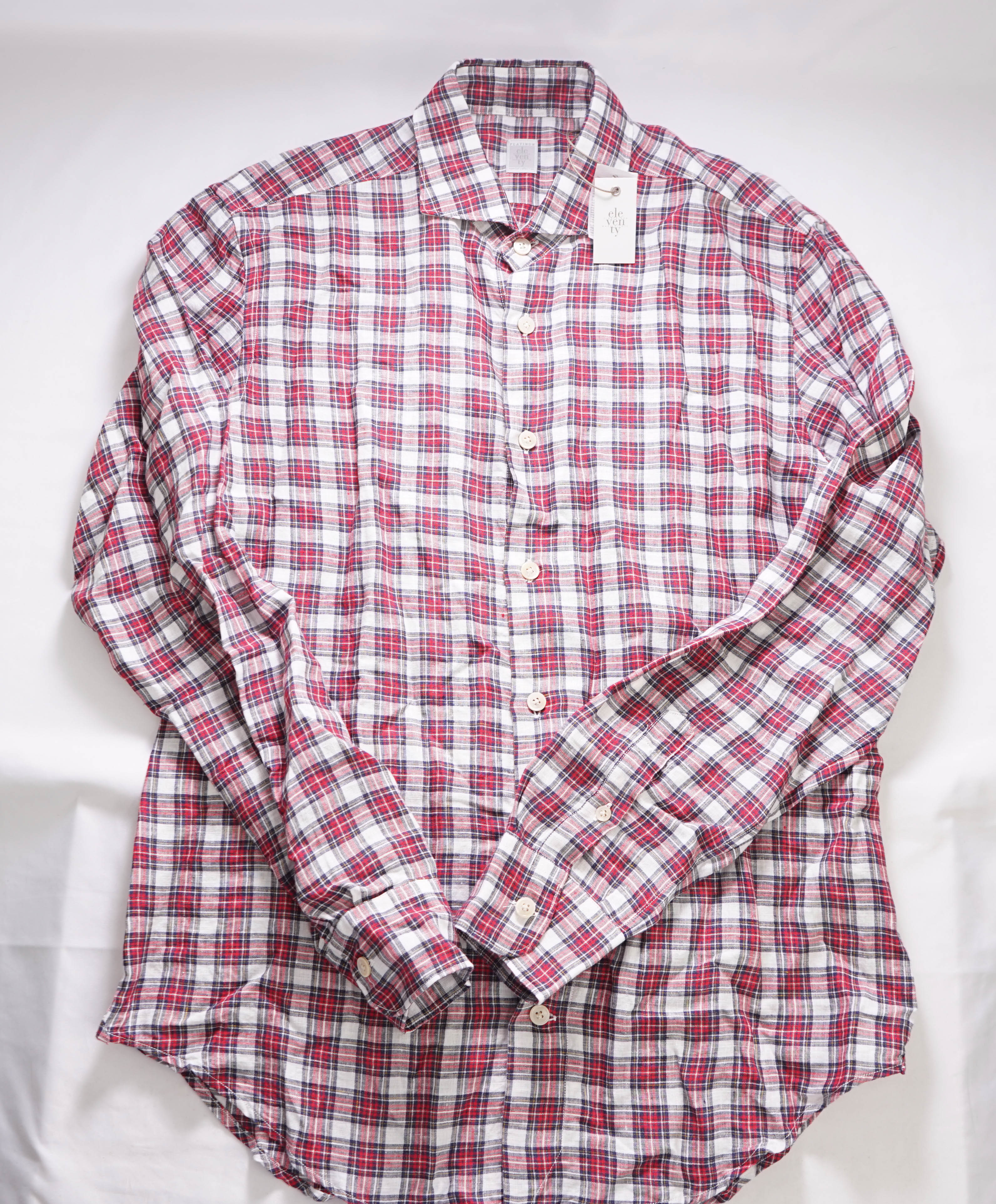 $395 ELEVENTY - Classic Check Soft LINEN Red Button Dress Shirt - M