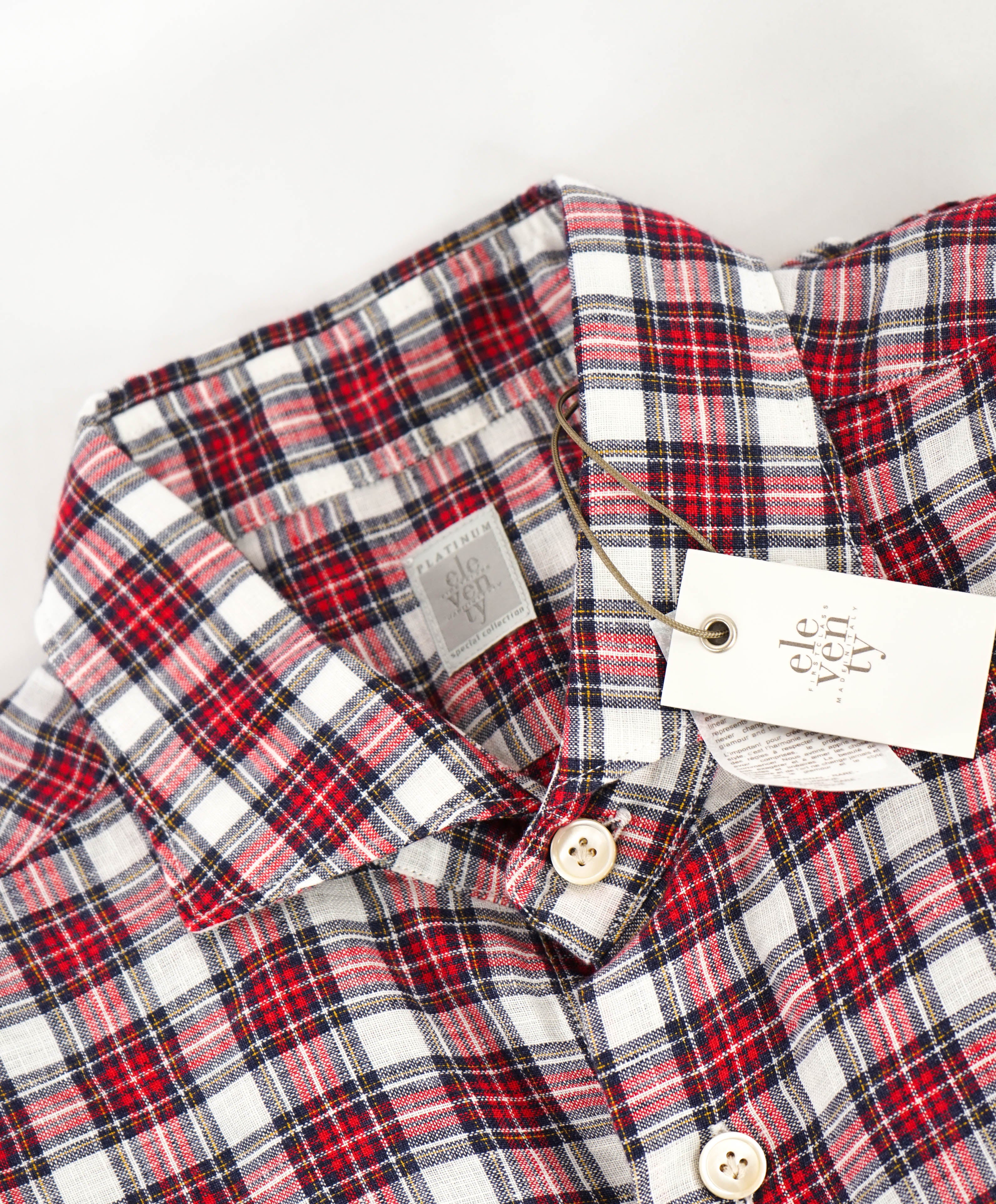 $395 ELEVENTY - Classic Check Soft LINEN Red Button Dress Shirt - M